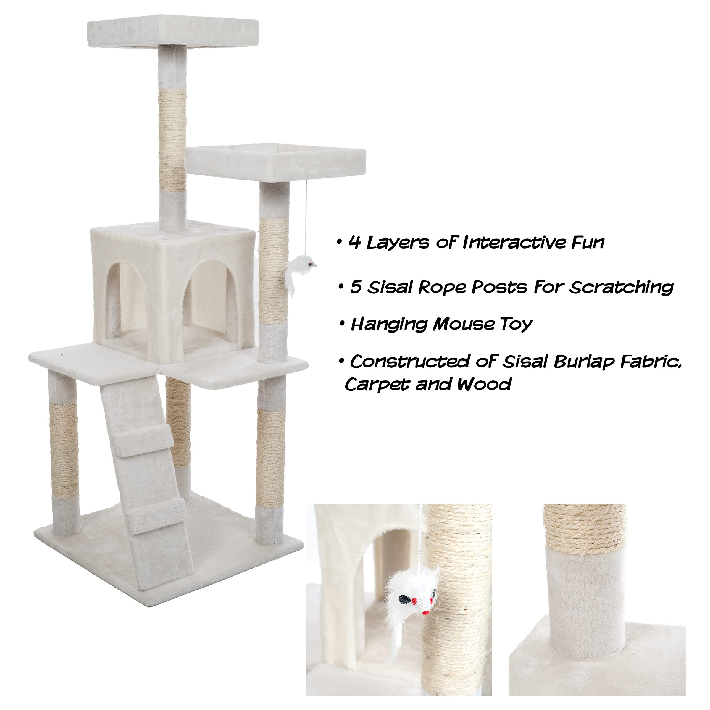 4-Tier Cat Tower - Tree With Napping Perches, Cat Condo, Ladder, 5 Sisal Rope Scratching Posts, And Hanging Toy For Indoor Cats By Petmaker (White)