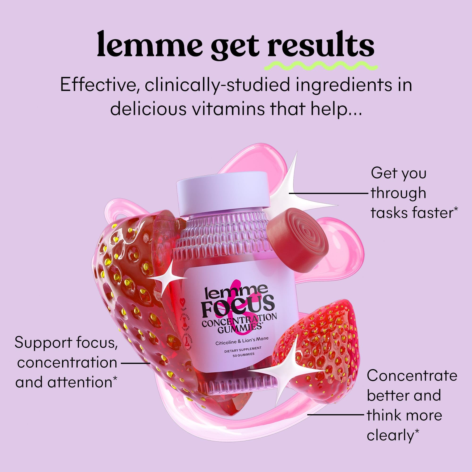 Lemme Focus concentration  Brain Health gummies with cognizin citicoline, Lions Mane, Vitamin B12, McT Oil to Support Focus  con