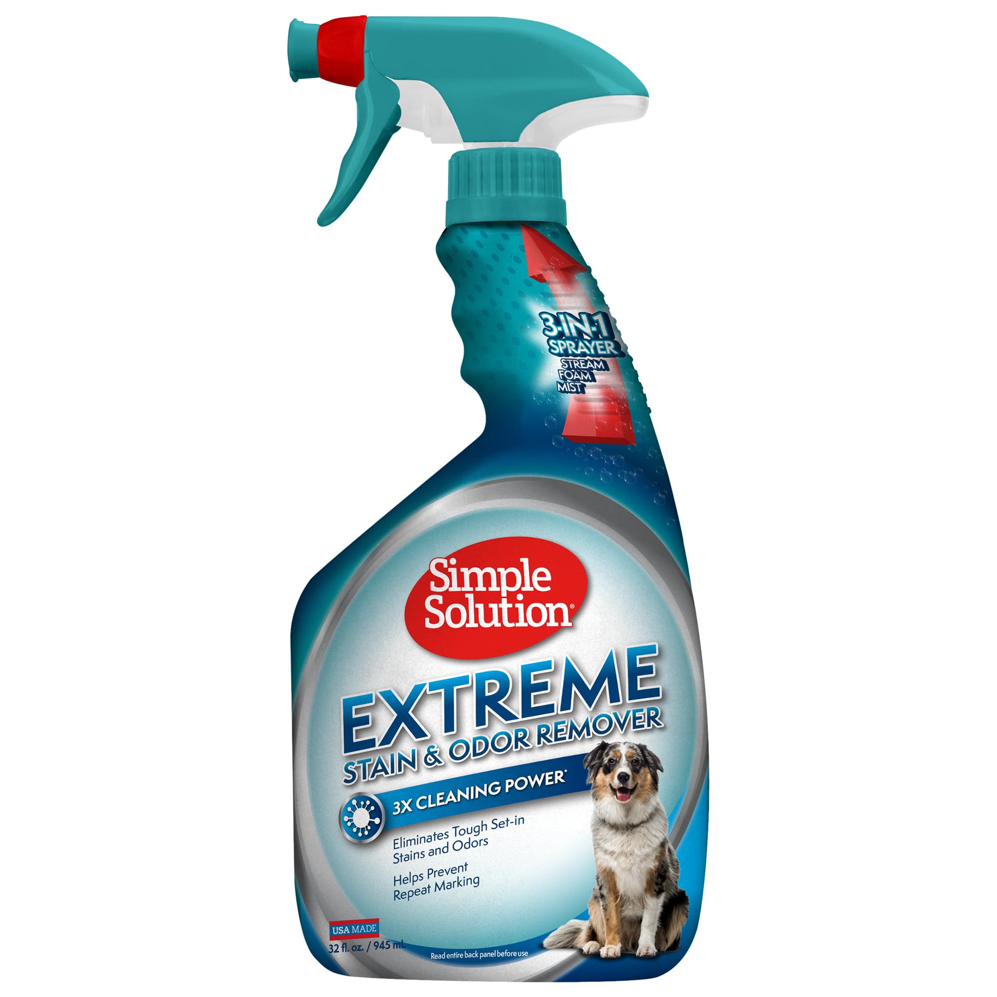 Simple Solution Extreme Pet Stain And Odor Eliminator Spray, Enzymatic Cleaner With 3X Pro-Bacteria Cleaning Power For Dogs & Cats, Strong Urine, Pee And Poop Smell Remover For Carpets & Floors, 32 Oz