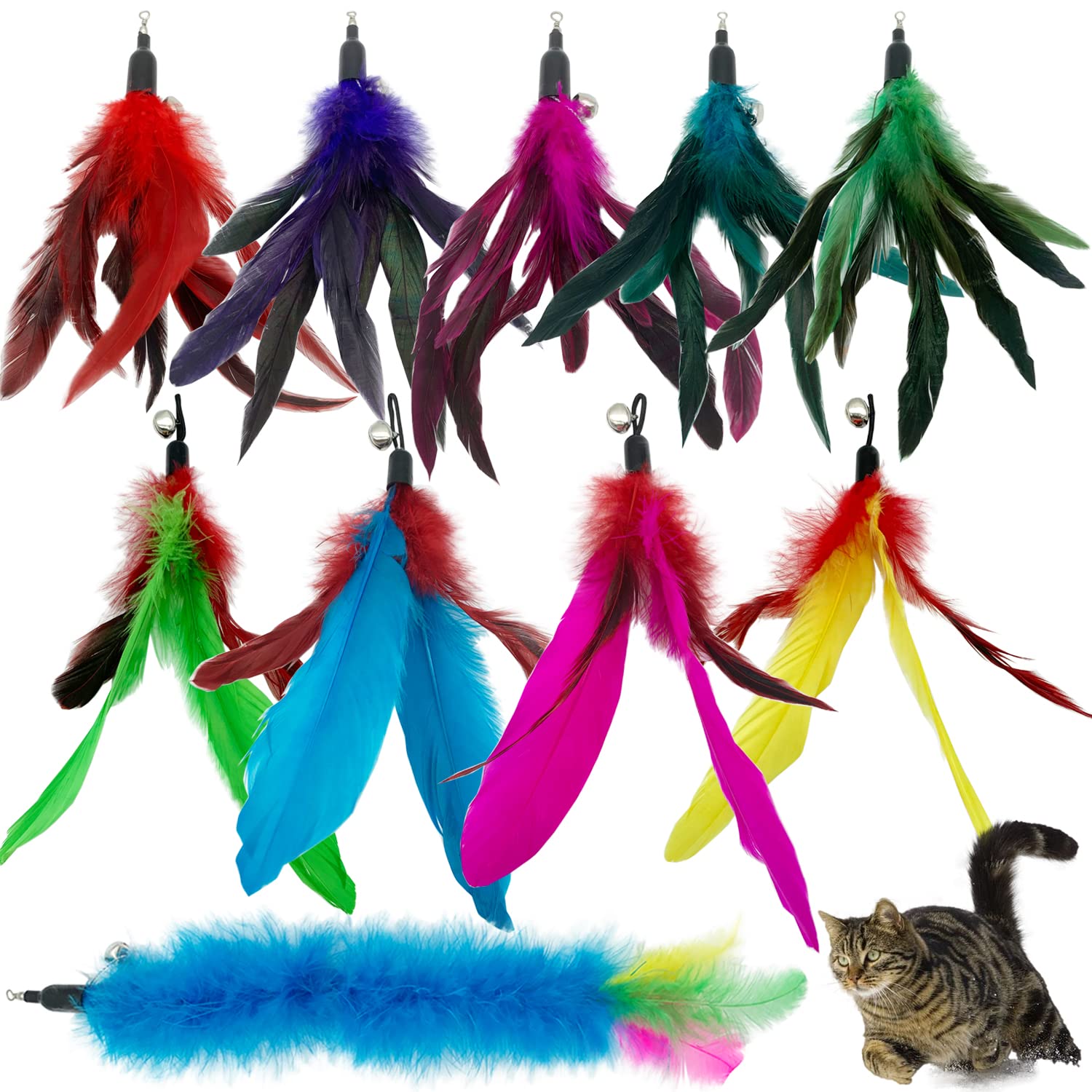 Cateness Cat Feather Toy Refill Cat Feathers Wand Replacement, 10 Pcs Feather Cat Toy Refills, Interaction Feather Cat Toy For I