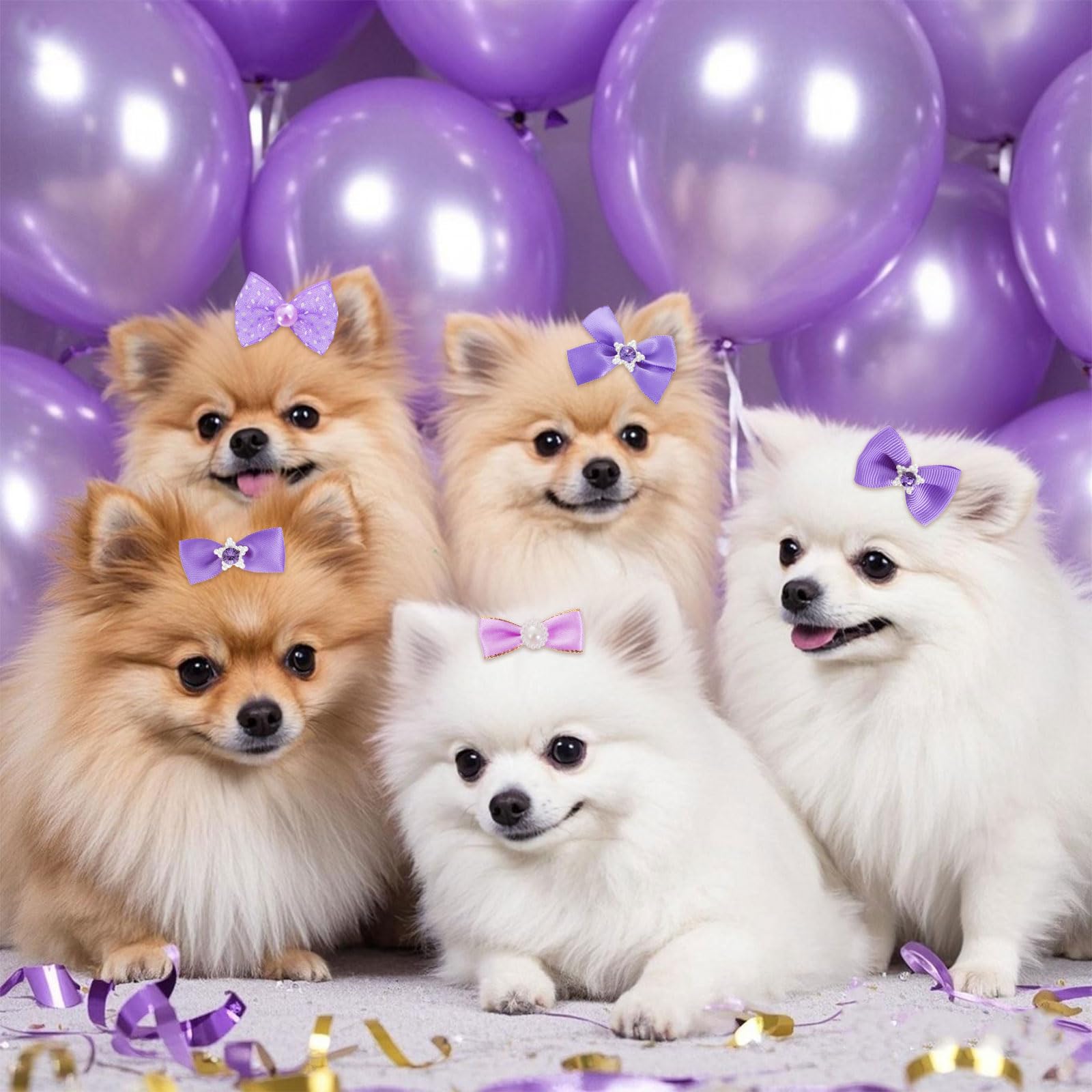 20 Pcs Cute Dog Hair Bows With Rubber Bands Elastic Handmade Mix Style Lace Rhinestone Pearls For Furry Puppy Cat Pet Girl, Purp