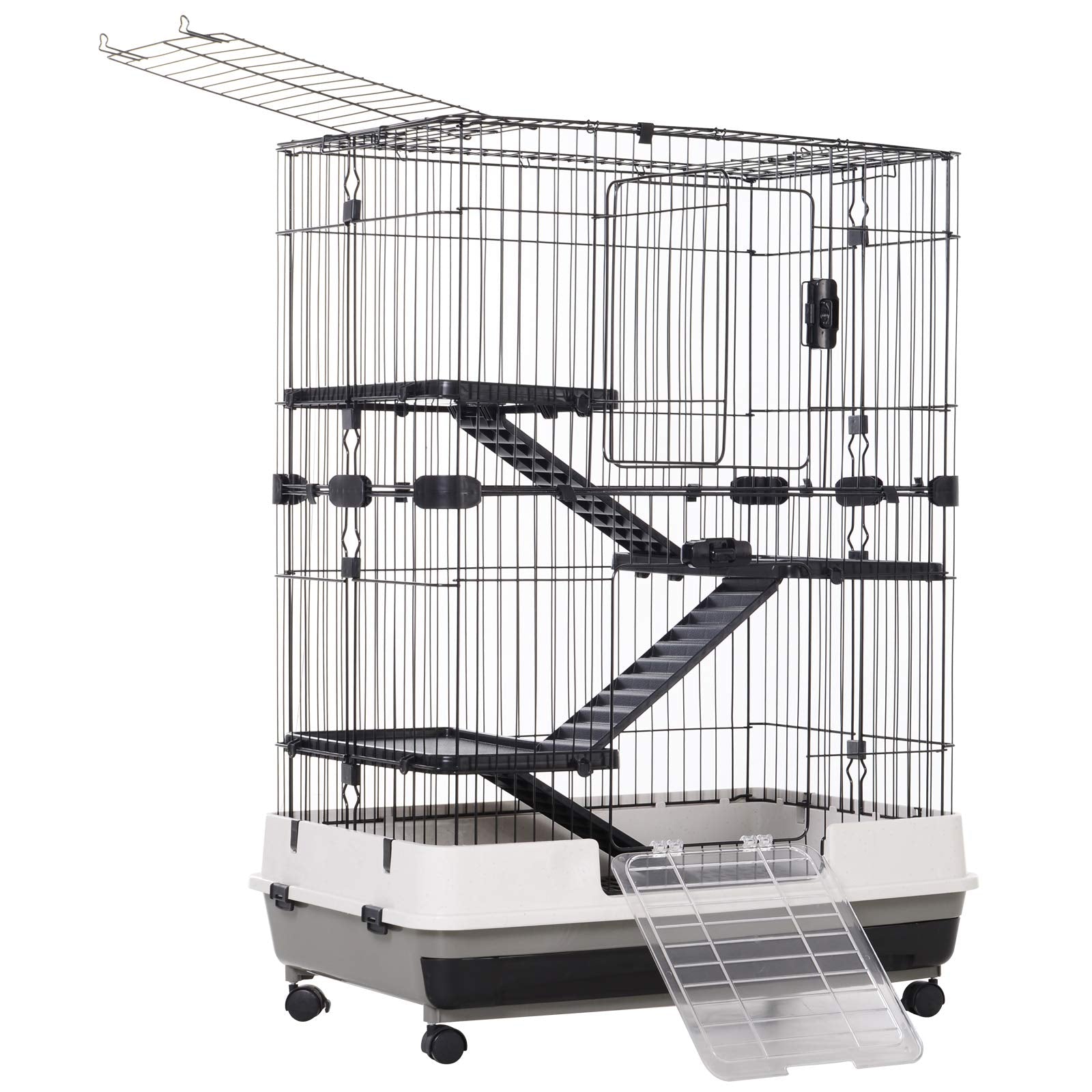 Pawhut 4-Level Small Animal Cage Rabbit Hutch With Wheels, Removable Tray, Platform And Ramp For Bunny, Chinchillas, Ferret, Black