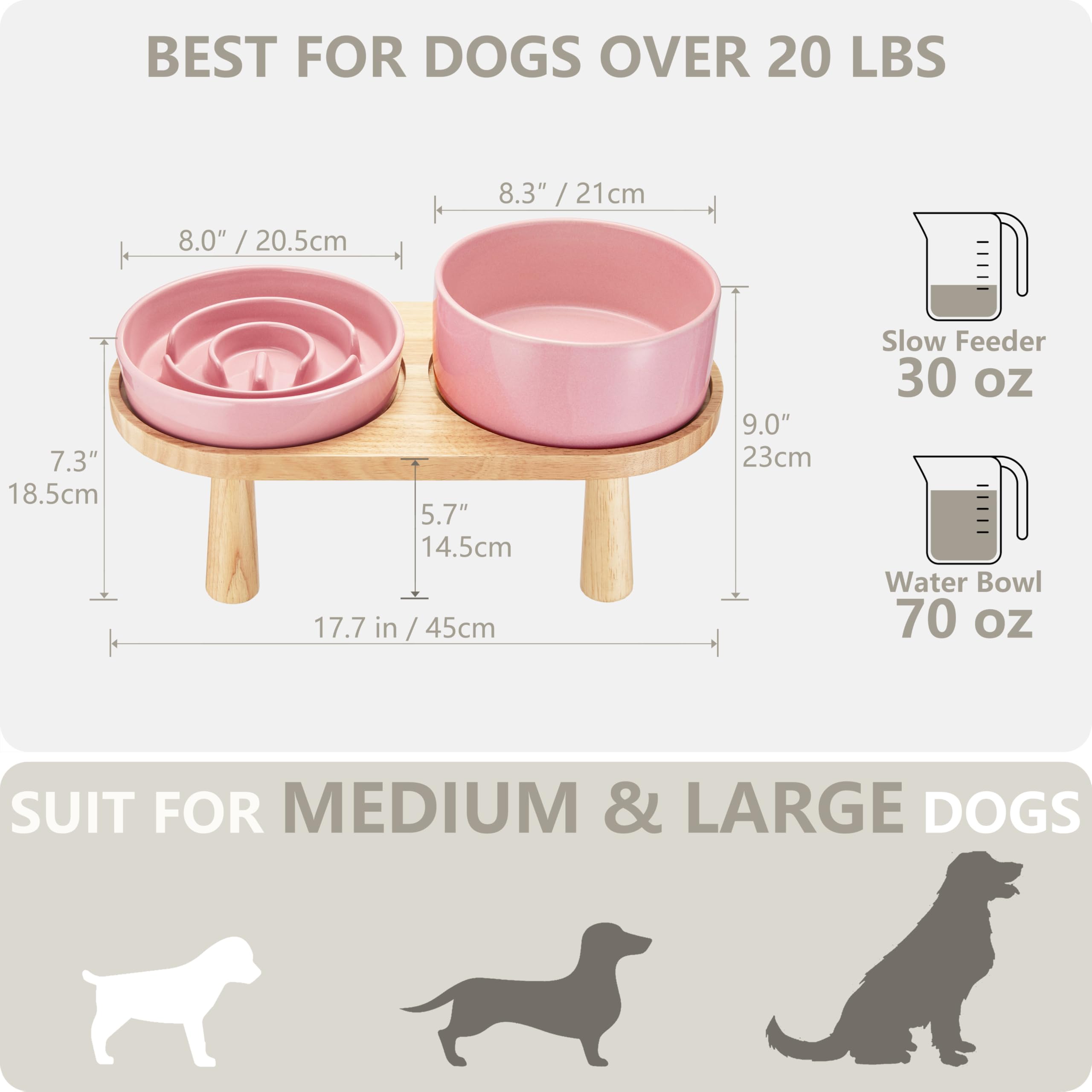 MOPANG Ceramic Slow Feeder and Water Bowl Set for Small Dogs, Ceramic Dog Bowls Elevated with Wooden Stand, 0.6 Cups Dog Slow Fe
