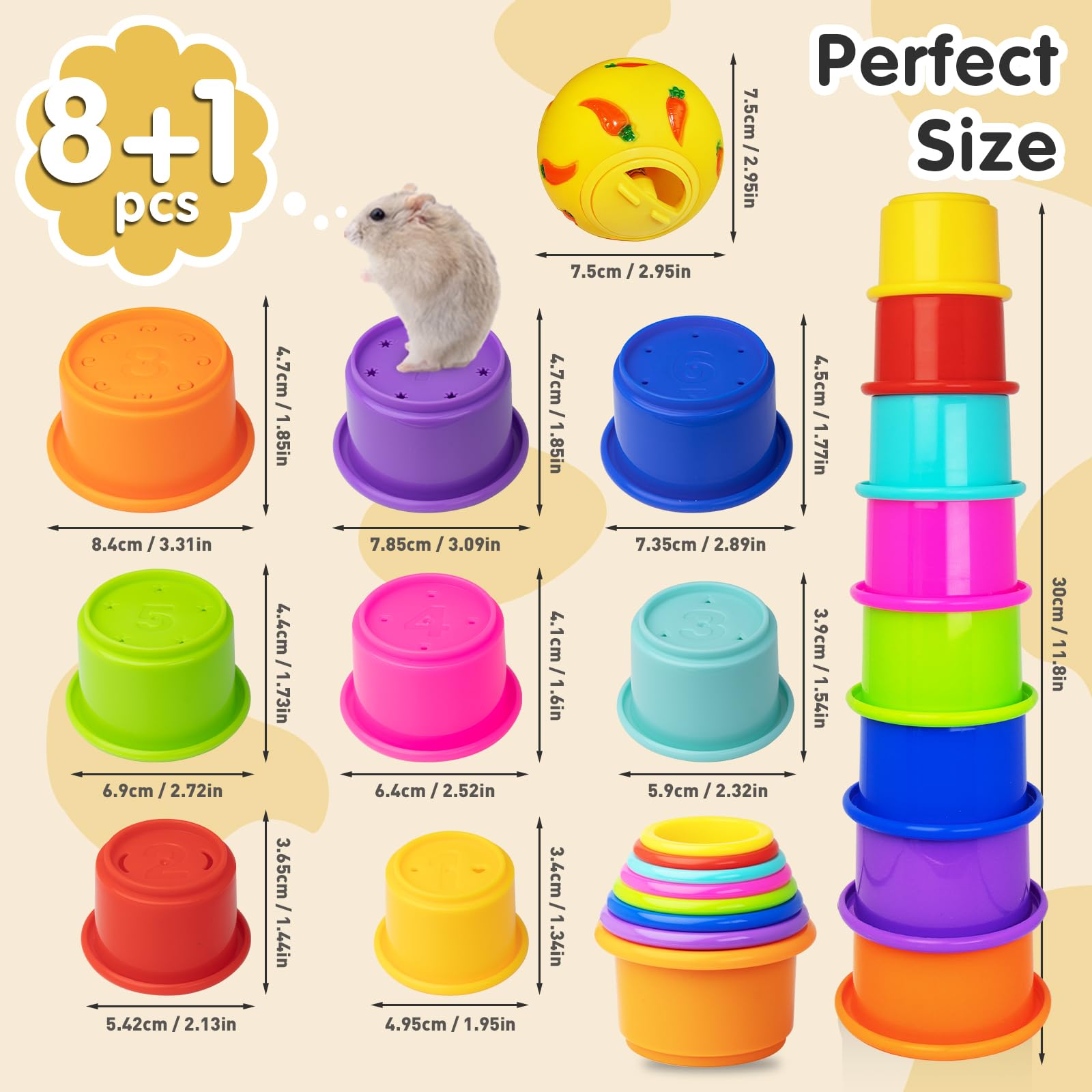 Iffitya 8 Pcs Colorful Stacking Cups and a Ball for Rabbits, Colorful Bunny Toys for Rabbits and Small Animals, Nesting Rabbit T