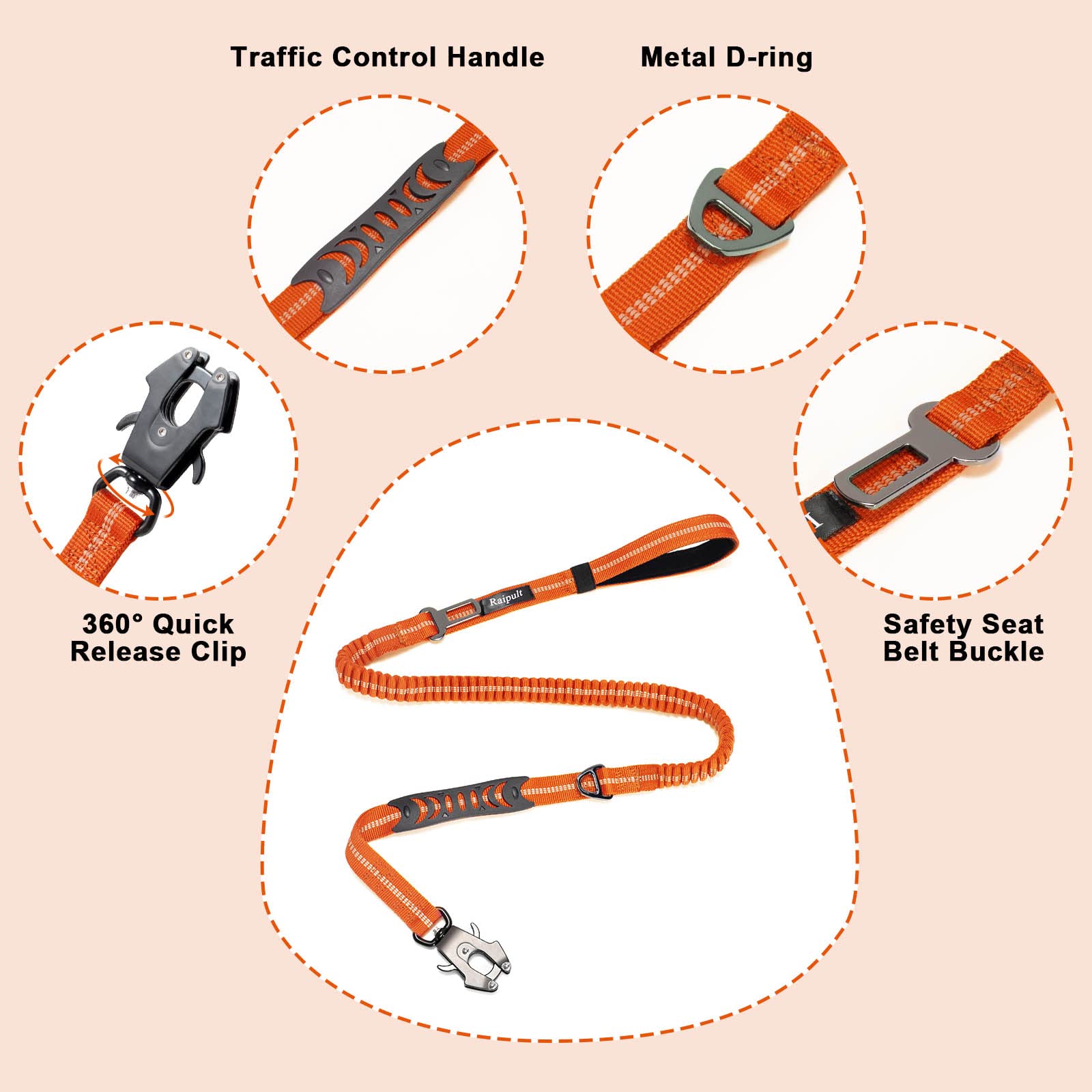 Raipult Heavy Duty Frog Clip Dog Leash, 4-6Ft Strong Bungee Training Leash With 2 Handles, Highly Reflective Shock Absorbing Ela