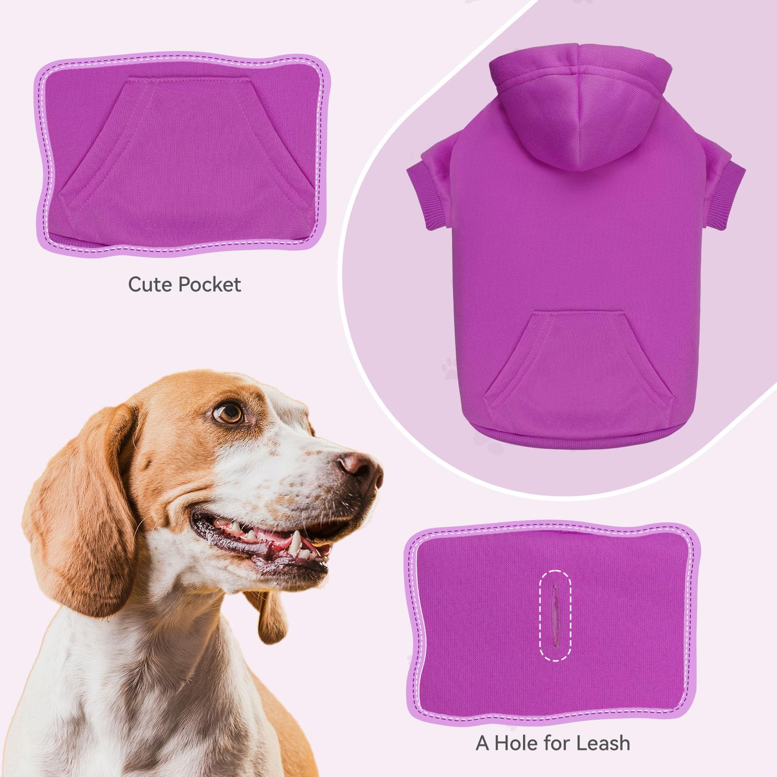 Purple Dog Hoodie Sweatshirt with Pocket - Solid Soft Brushed Fleece Dog Clothes for Small Dogs