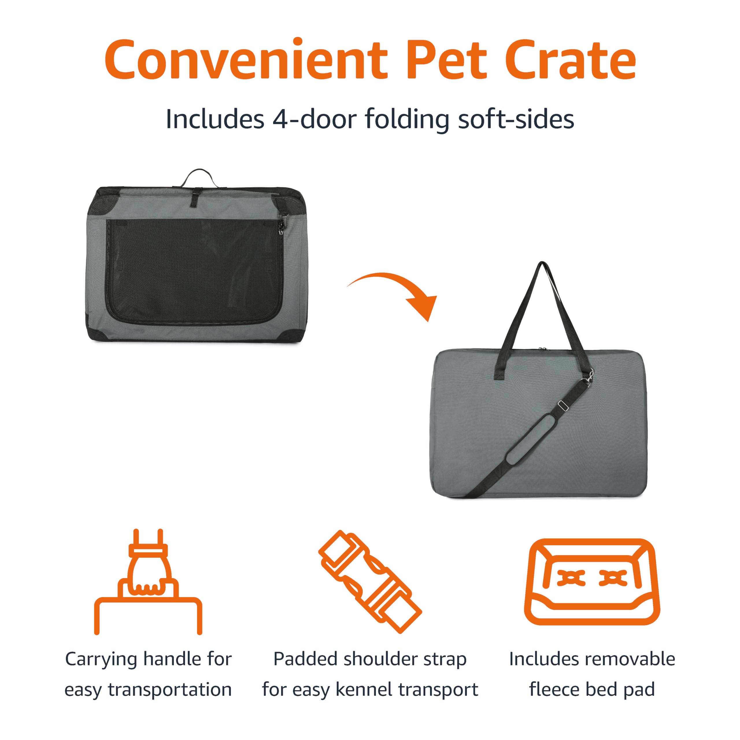 Amazon Basics 4-Doors Portable Soft-Sided Folding Travel Crate Kennel For Cat, Dog, And Other Small Animals, Grey, L 36'' X 24''