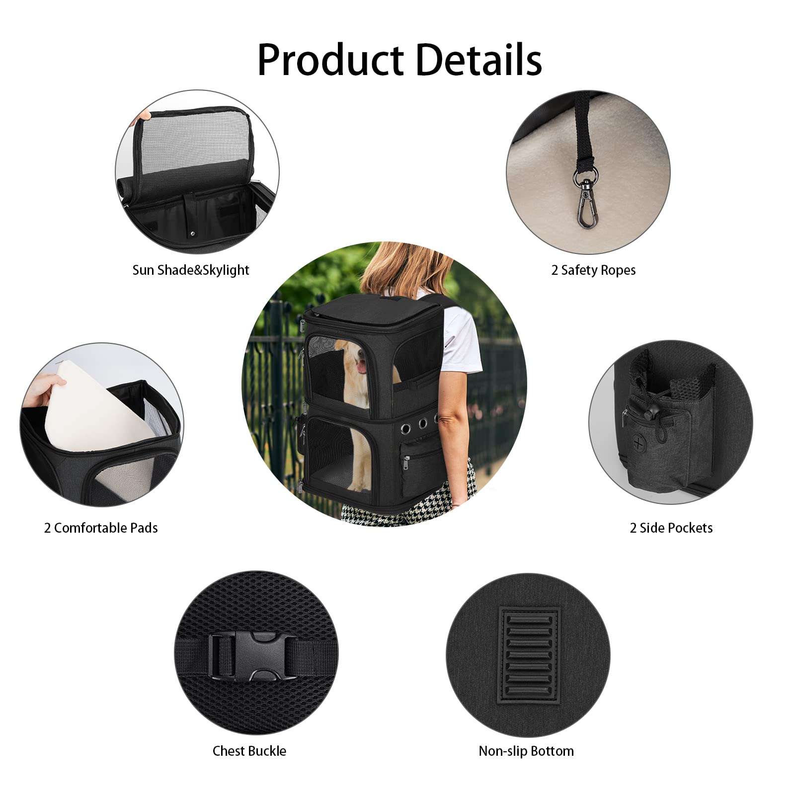 Hovono Double-Compartment Pet Carrier Backpack For Small Cats And Dogs, Cat Travel Carrier For 2 Cats, Perfect For Traveling/Hiking/Camping, Black