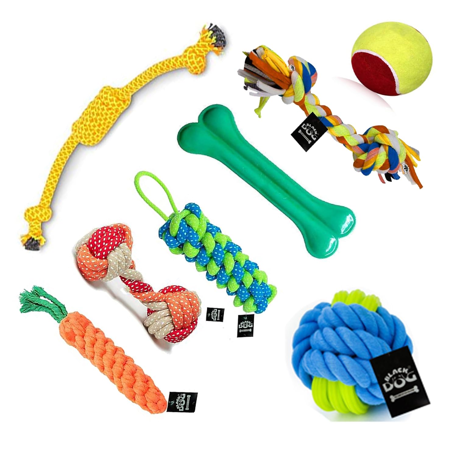 BLACKDOG Durable Dog Chew and Fetch Toy Set, 6Chewing Teething Rope, 1 Ball and 1 Bone, for Puppies and Small to Medium Dogs Pac