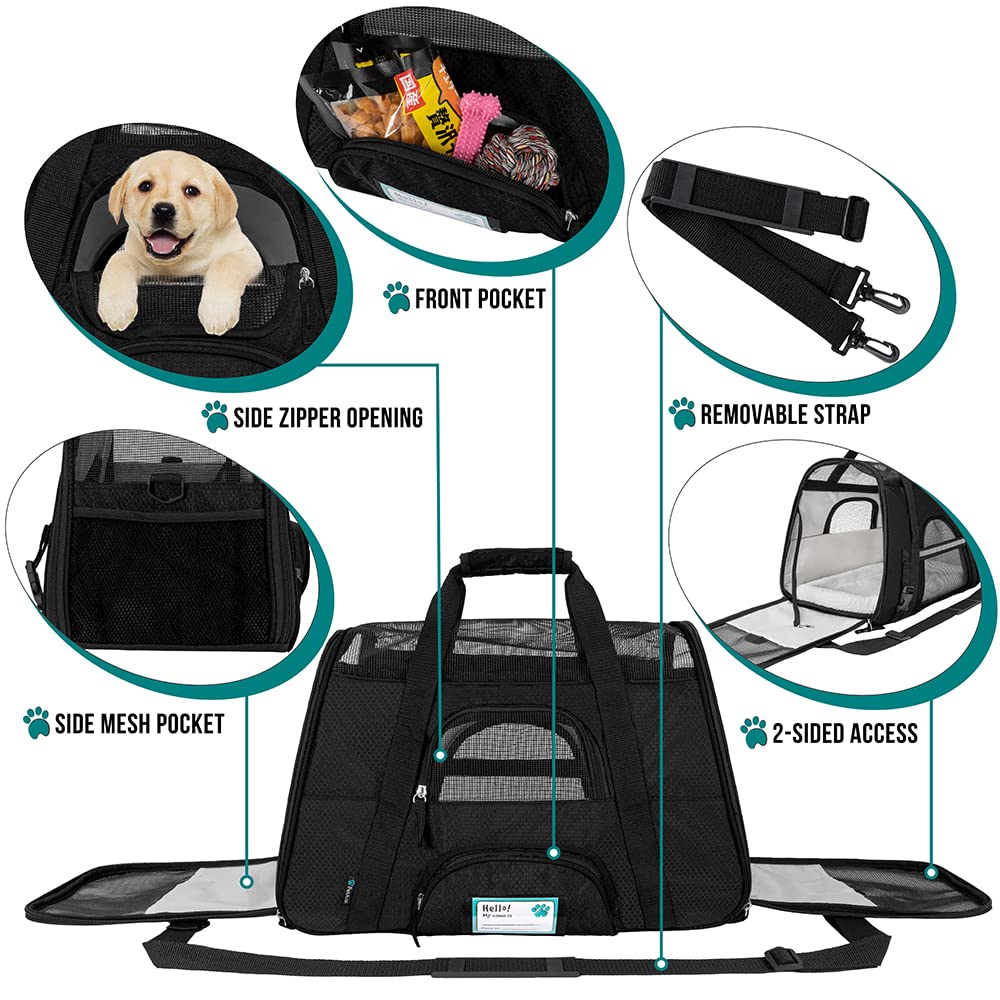 Petami Airline Approved Pet Carrier For Cat, Soft Sided Dog Carrier For Small Dogs, Cat Travel Supplies Accessories For Indoor Cats, Ventilated Pet Carrying Bag Medium Large Kitten Puppy, Large Black