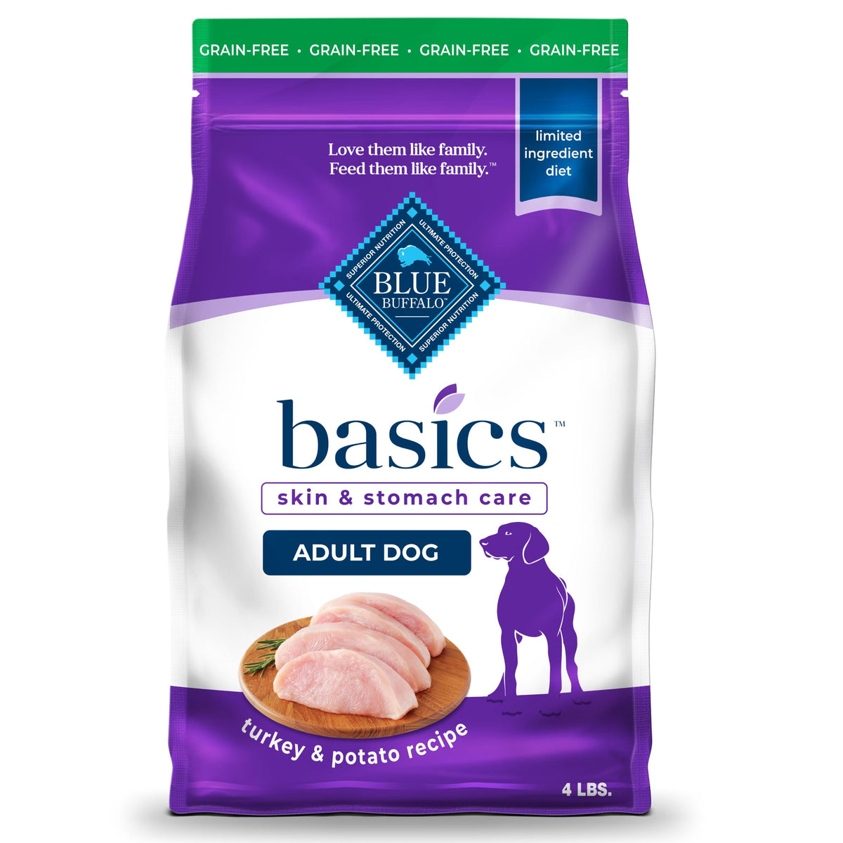 Blue Buffalo Basics Grain-Free Adult Dry Dog Food, Skin & Stomach Care, Limited Ingredient Diet For Dogs, Turkey Recipe, 4-Lb. Bag