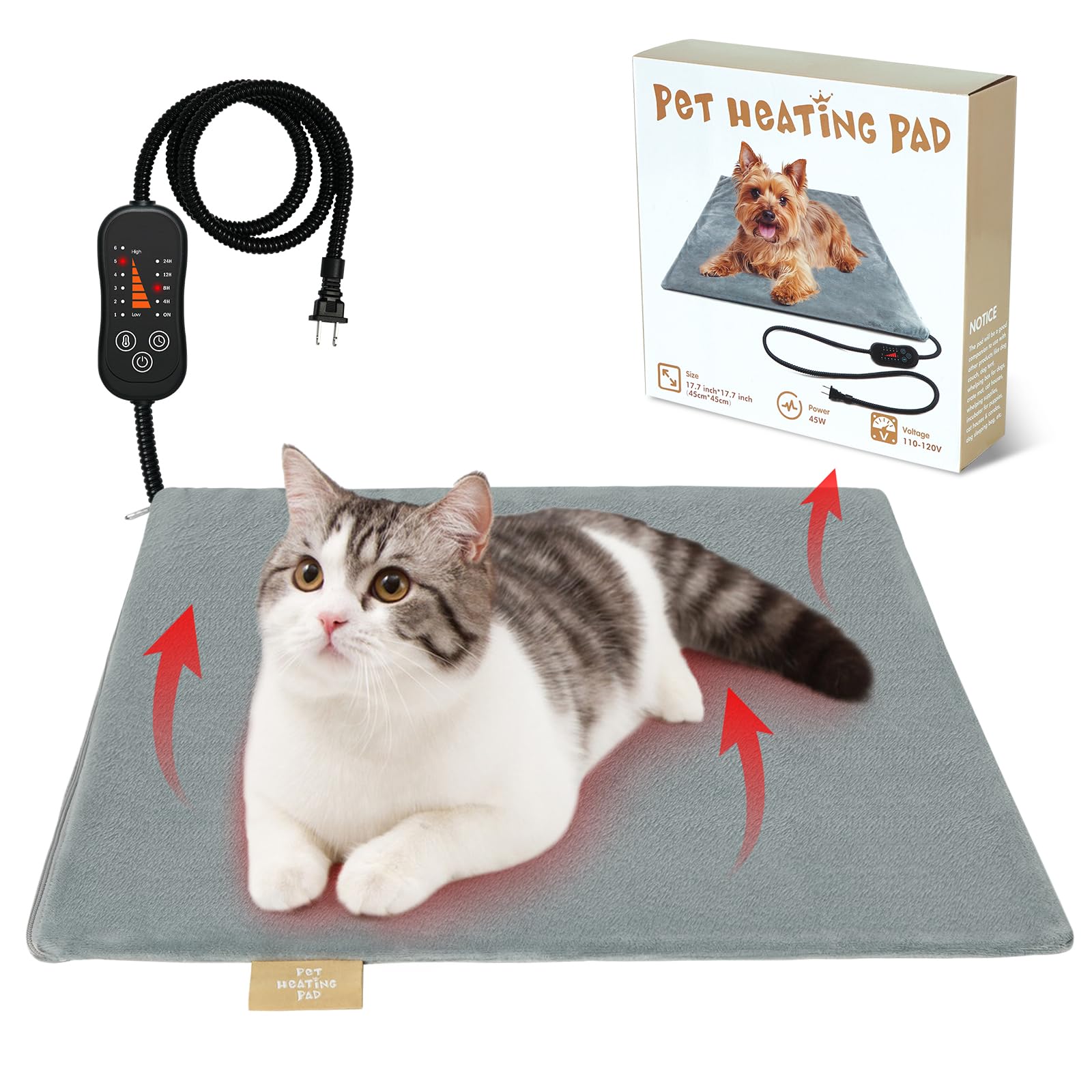 Vannon Pet Heating Pad, Heated Cat Dog Bed With Chew Resistant Cord, 5 Timer And 6 Level Temperature Indoor Warming Mat For Smal