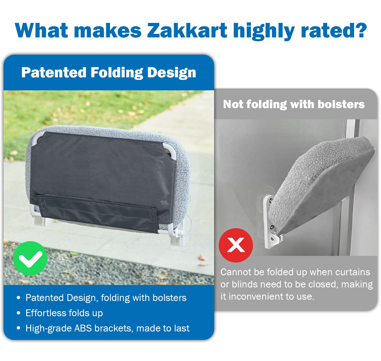Zakkart Foldable Cat Hammock For Window - Cordless, Machine Washable Bed, Robust Metal Frame & Abs Brackets - Cat Window Perch F