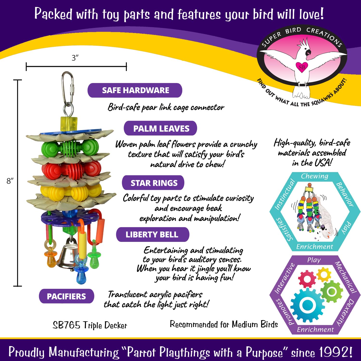 Super Bird Creations Sb765 Triple Decker Bird Toy For Medium Sized Pet Birds - Ringnecks, Medium Conures, Cockatiels, Caiques, Pionus, Senegals - Bird Safe Component And Design - 8' X 3'