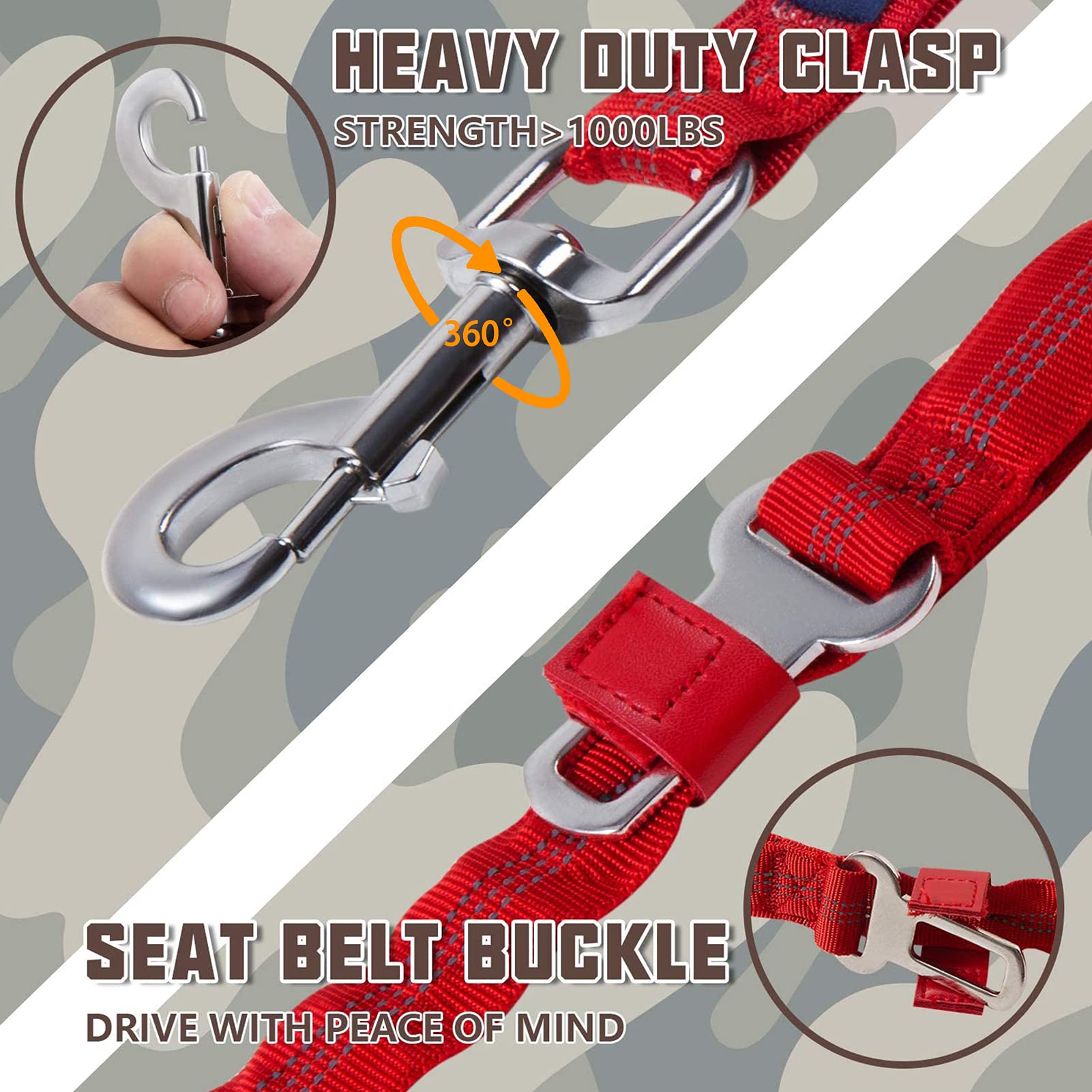 AUROTH Heavy Duty Dog Leash for Large Dogs, 6FT Bungee, Red, Nylon with 2 Padded Handles, No Pull Shock Absorption