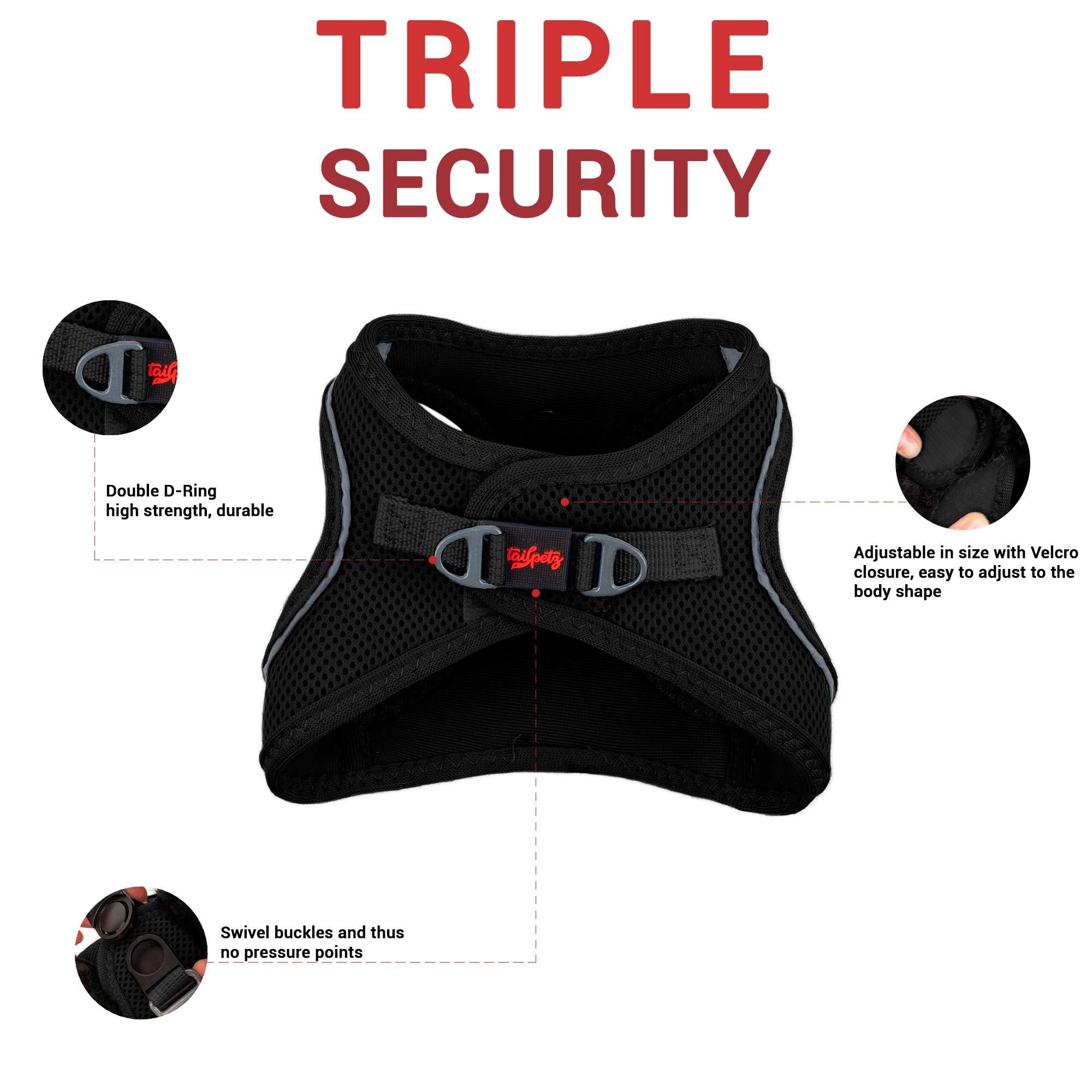 Tailpetz Dog Harness, Breathable Mesh, Reflective, No Pull, 2XS, Black, Model WEEHAR