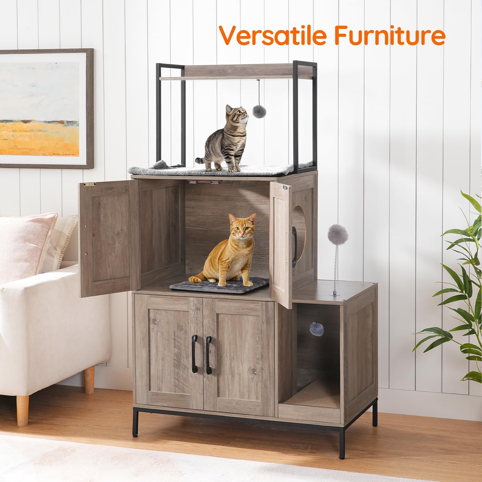 Hoobro Cat Litter Box Enclosure Furniture, 2 In 1 Hidden Litter Box Furniture With Shelf, Double Litter Box Cabinet With 2 Dangl