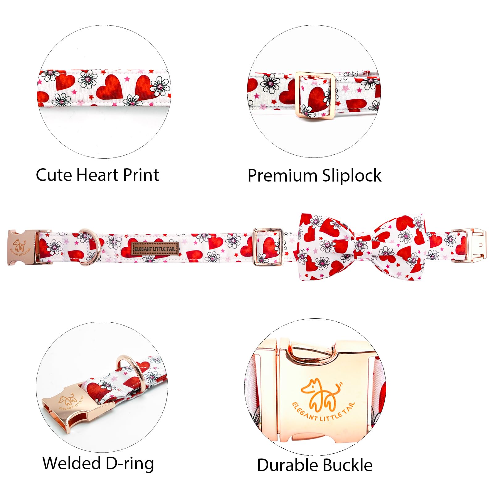 Elegant little tail Valentine's Dog Collar, Cute Pink Heart Dog Collar for Small Dogs, Puppy Collar Female or Male Adjustable Co