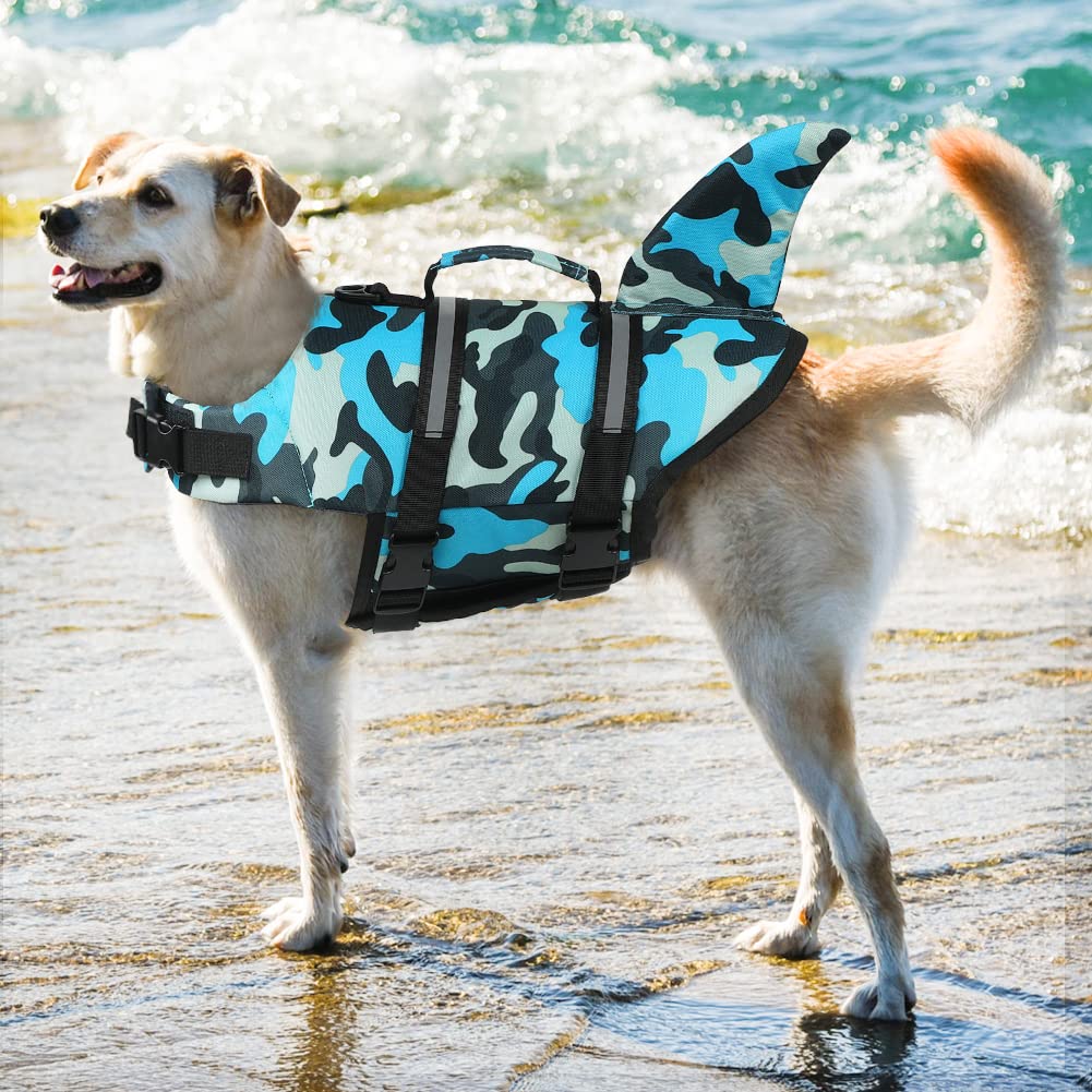 Emust Shark Life Jackets For Dogs, Adjustable Ripstop Dog Life Vest For Water Safety Pet Life Vest With Rescue Handle Safety Vest For Swimming Pool Beach Boating, (L,Blue Camouflage)