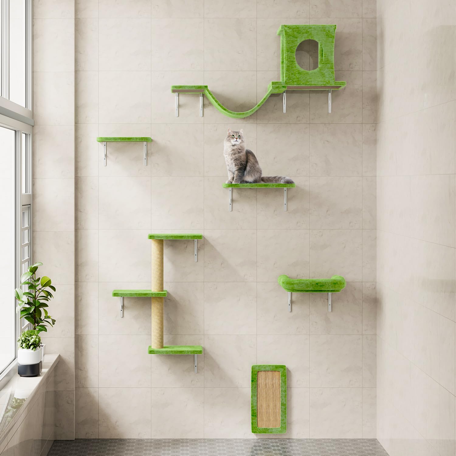 Nunu Lab Cat Wall Shelves, 6 Pcs Luxury Wall-Mounted Cat Climber Set, Indoor Cat Furniture With 1 Condos House, 2 Cat Wall Shelv