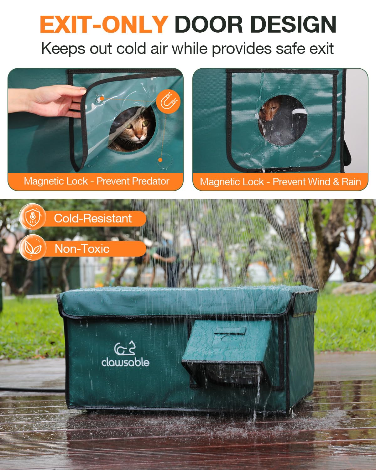 Indestructible Heated Cat House for Outside Cats Winter, 100% Weatherproof, Safe Escape Door, Insulated Outdoor Cat Shelter with
