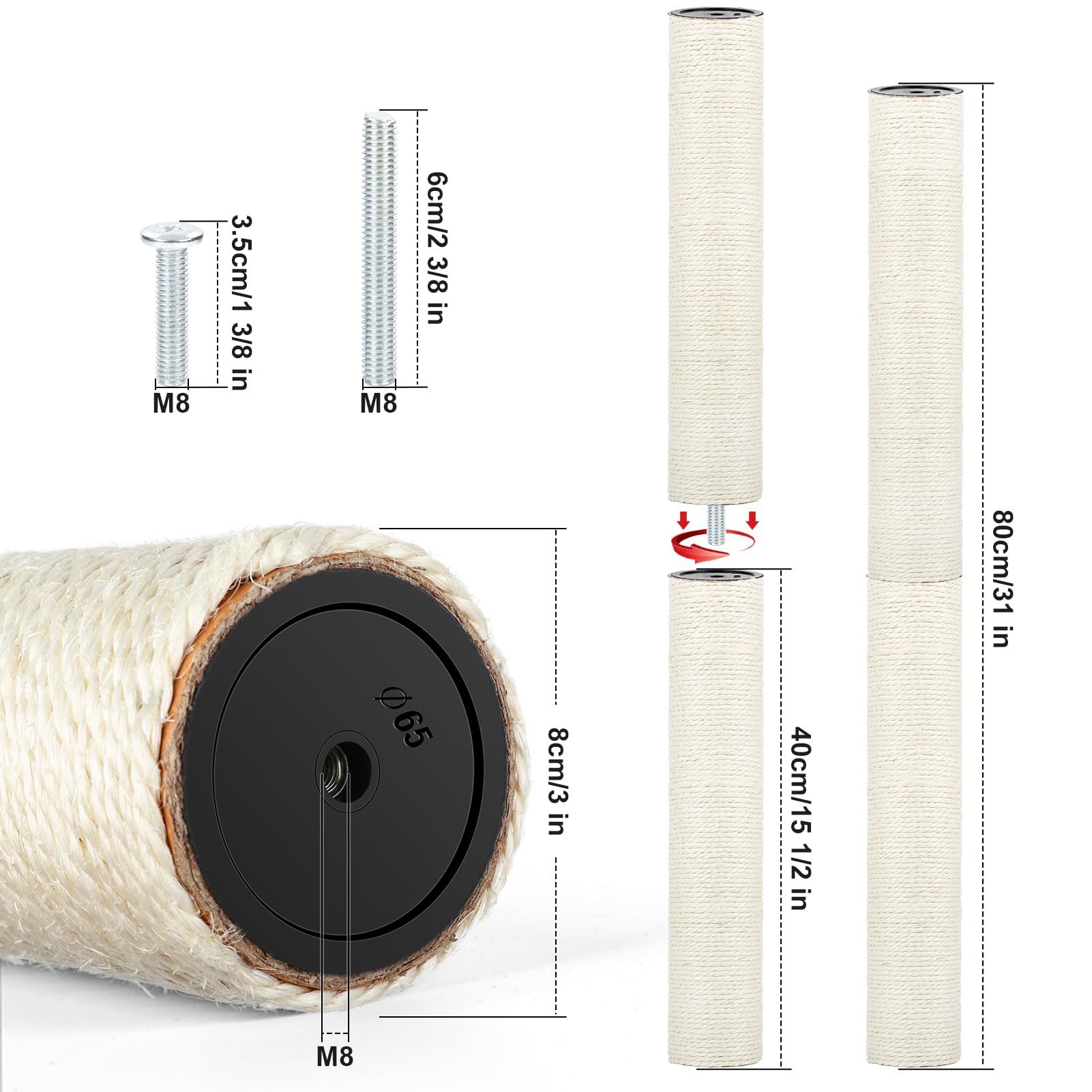 PETUOL Cat Scratching Post Replacement - 15.7" Sisal Pole for Indoor Kittens, M8+White01, Model G500, 4 PCS Set
