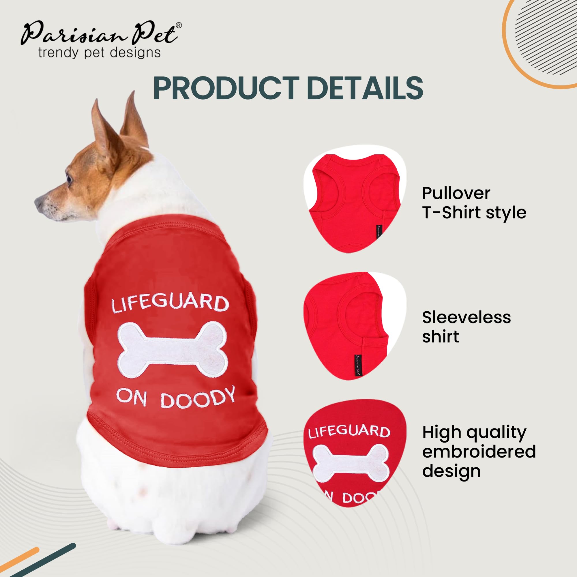 Parisian Pet Dog Tshirt - Embroidered  Lifeguard On Doody  Boy Dogs Apparel - Pure Cotton And Lightweight Dog Clothes - Red Dogg