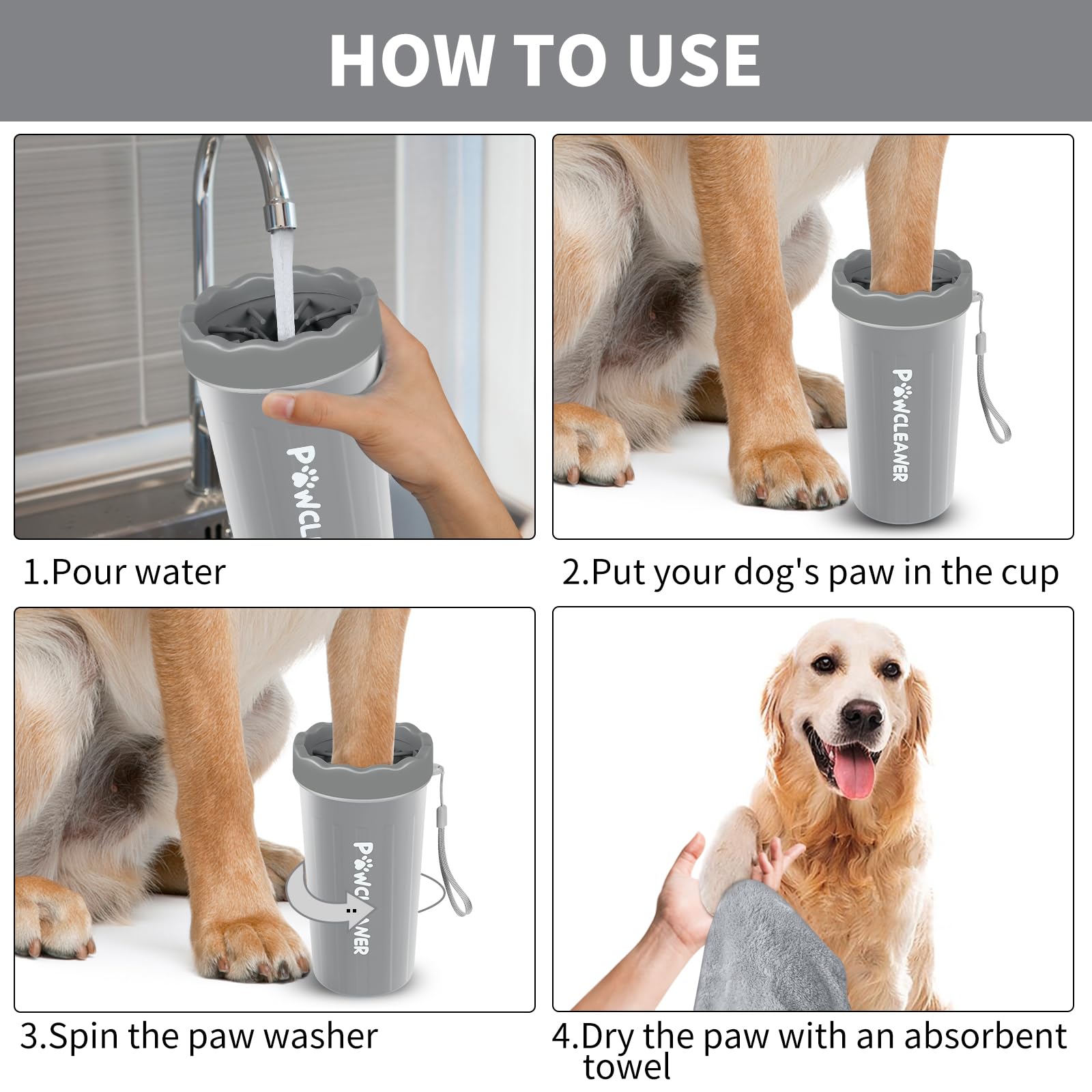 Comotech Dog Paw Washer With Bath Brush - Large, Grey (With 3 Absorbent Towels, Adjustable Handle For Long & Short Haired Dogs)