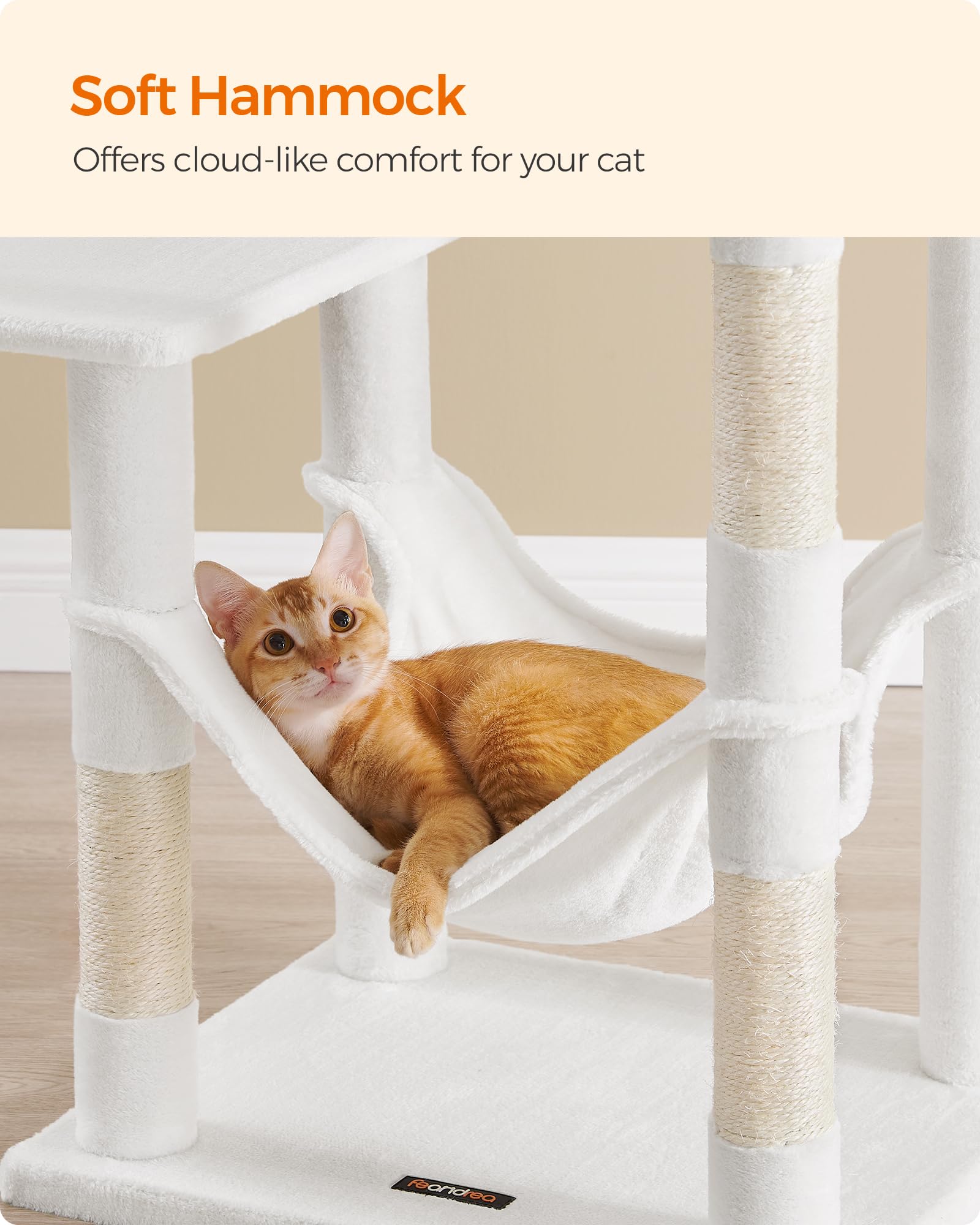 Feandrea Cat Tree, 56.3-Inch Cat Tower For Indoor Cats, Multi-Level Cat Condo With 4 Scratching Posts, 2 Perches, Hammock, Cave, Cream White Upct161T01