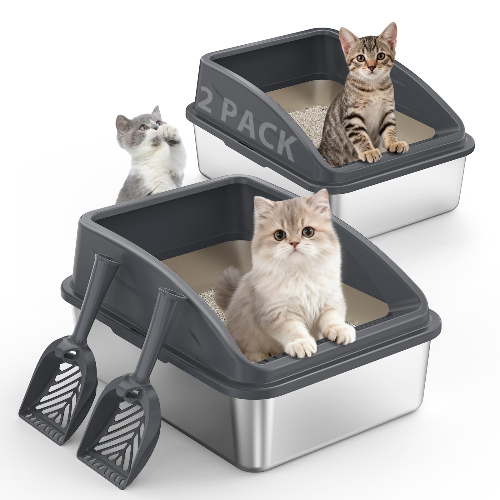 2 Pack Stainless Steel Litter Box for Kitty | Metal Kitty Litter Box with Lid High Sided for Small Cats or Injured Cats, Bunny L