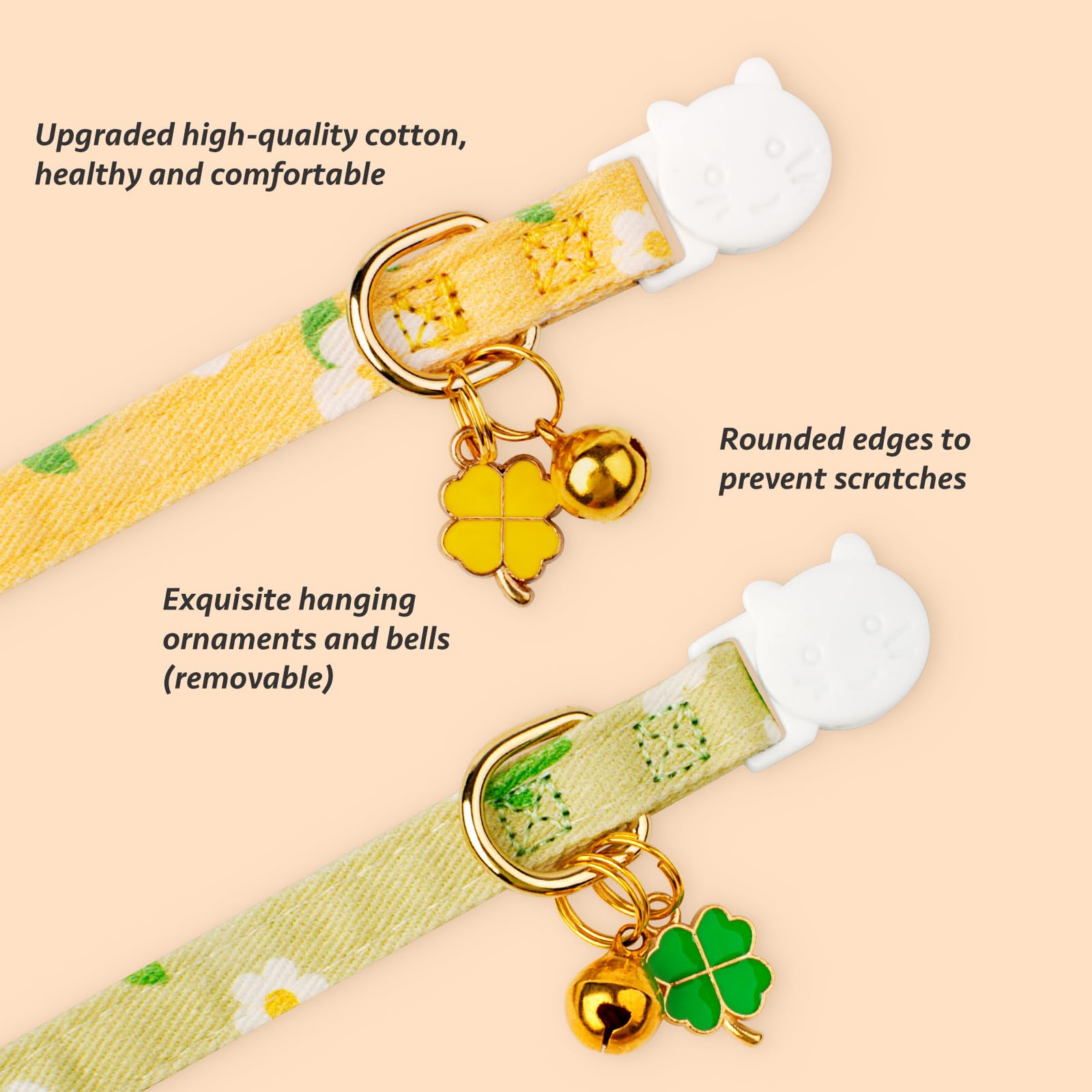 2 Pack Cotton Breakaway Cat Collar Green And Yellow Flowers Pendant Cute Kitten Cat Collar With Bell