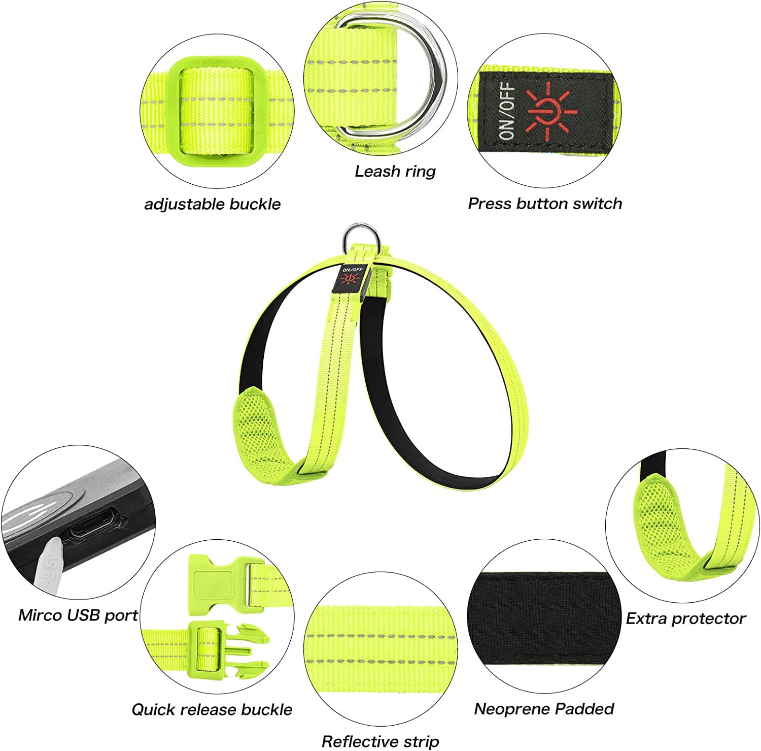 KOSKILL LED Light Up Dog Harness, Rechargeable & Reflective, Glow in The Dark, Green, Size M (Neck? = 96cm) for Night Walking