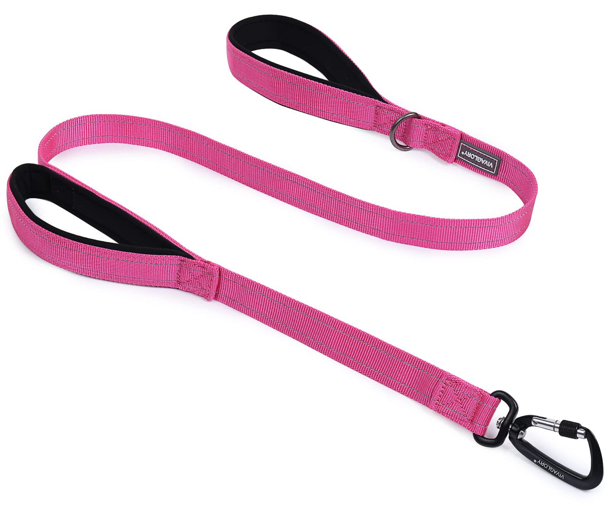 Vivaglory Dog Leash With Lightweight Aluminum Clasp & 2 Padded Handles, 4Ft Nylon Dog Leash Lead Heavy Duty Safety No Pull Climbing Climbers Carabiner Clip Training Leash For Medium Large Dogs Pink