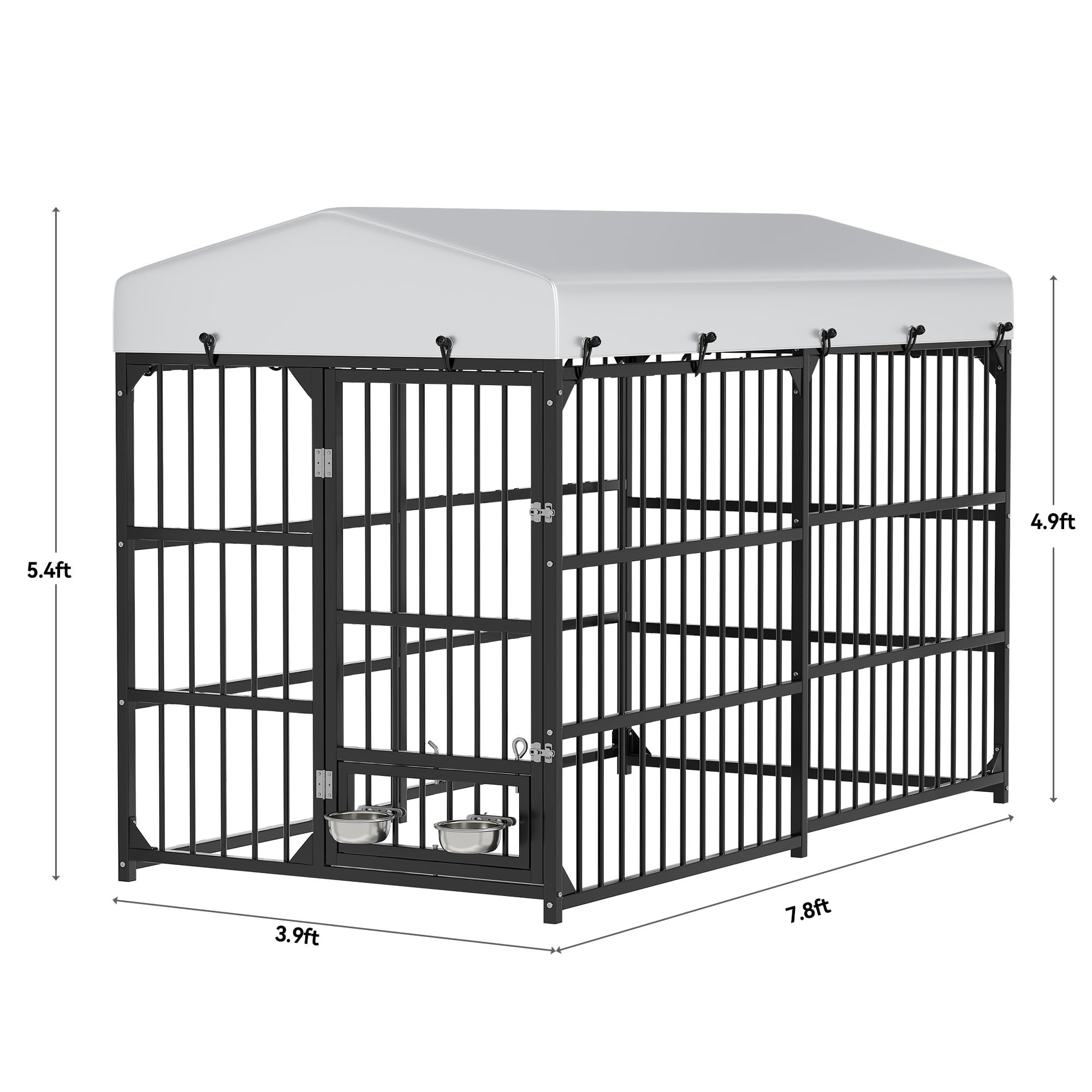 DWVO Large Outdoor Dog Kennel with Rotating Feeder Bowls, 8L x 4W x 5.4H Dog Kennel Outside with Roof, Heavy Duty Dog Cage wi