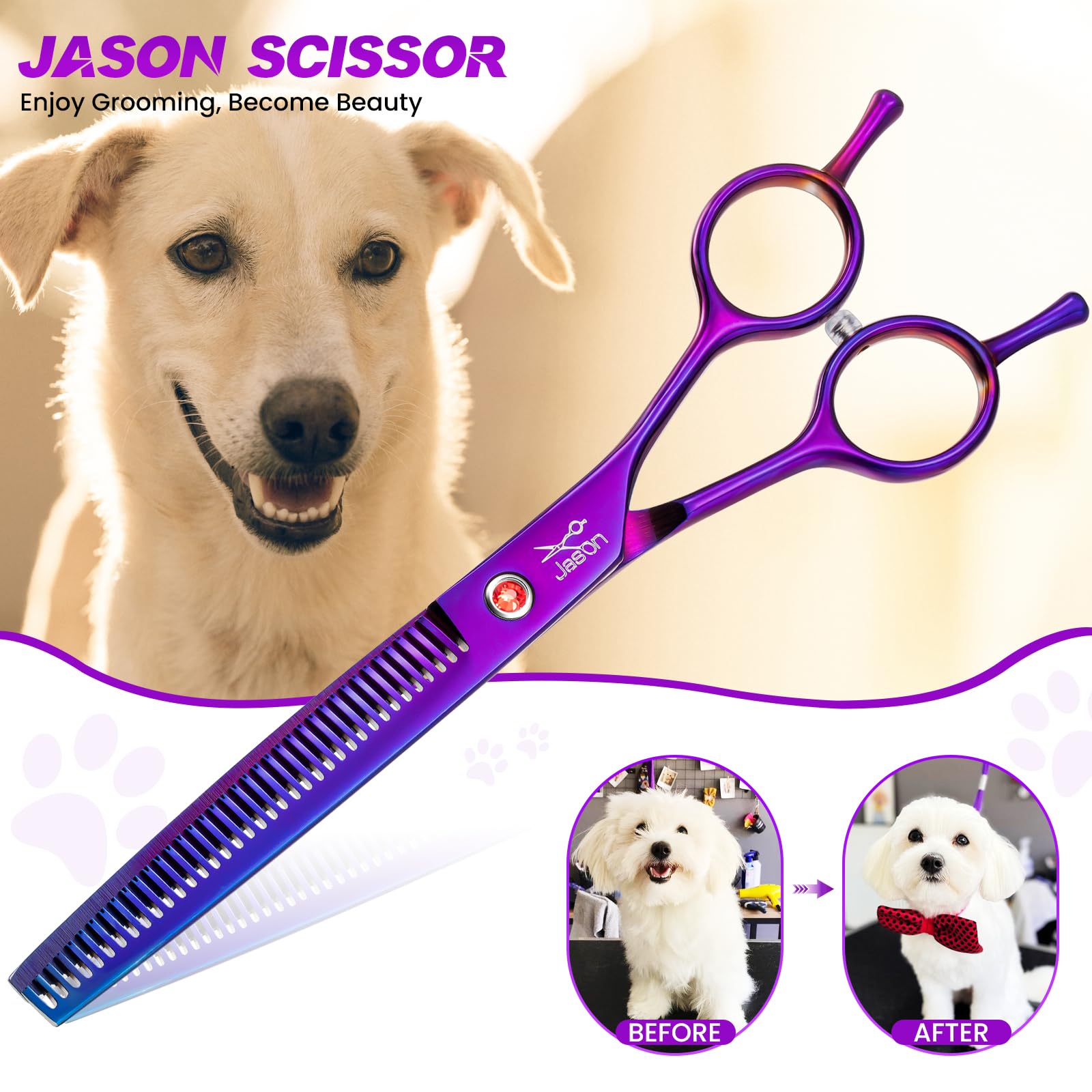 JASON Grooming Scissors for Dogs - Sharp Thinning Dog Shear with Muffler Pad, Stainless Steel Dog Grooming Shears Professional T