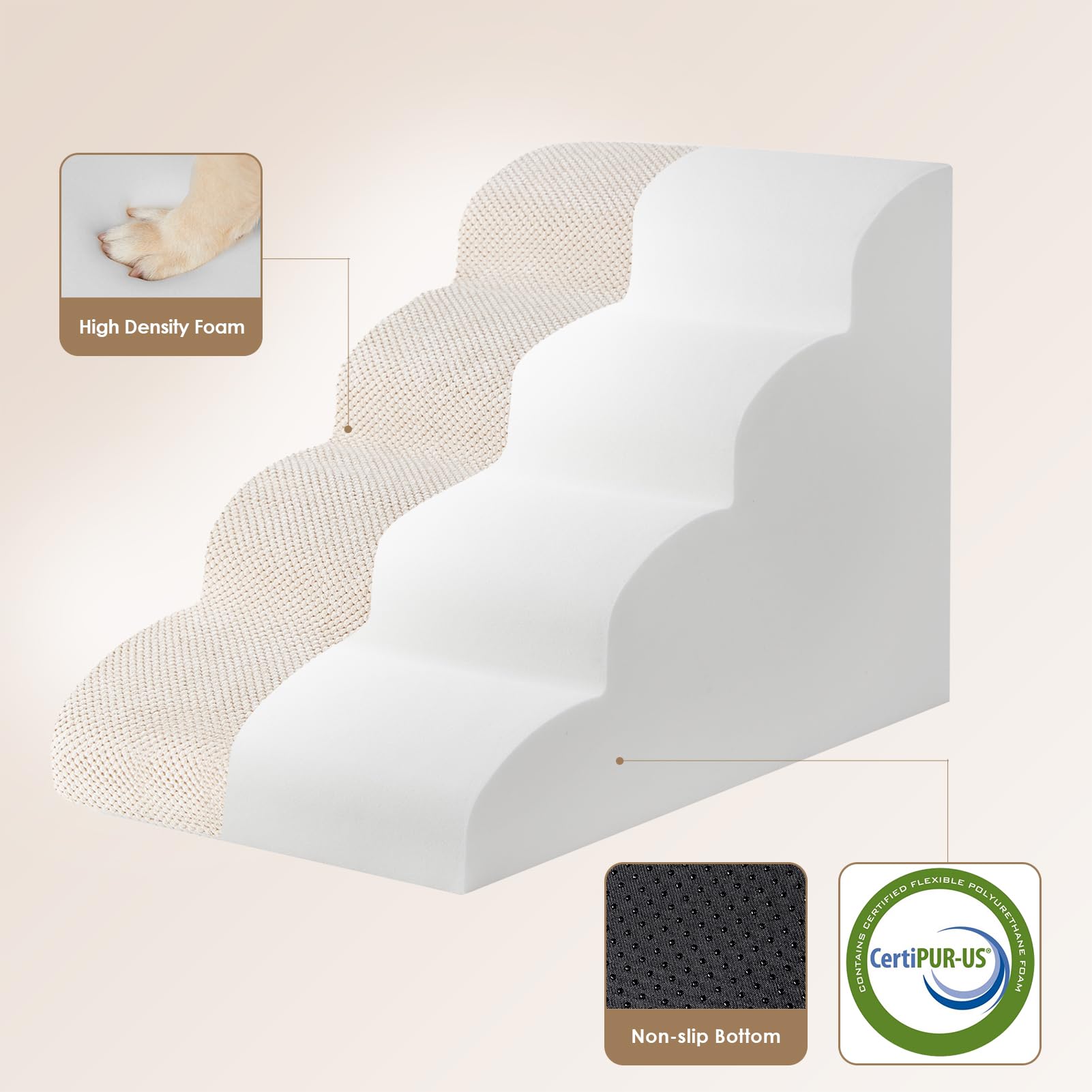 Eheyciga Curved Dog Stairs Ramp For High Beds 19.7' H, 4-Step Dog Steps For Small Dogs And Cats, Pet Stairs For High Bed Climbing, Non-Slip Balanced Pet Step Indoor, Beige