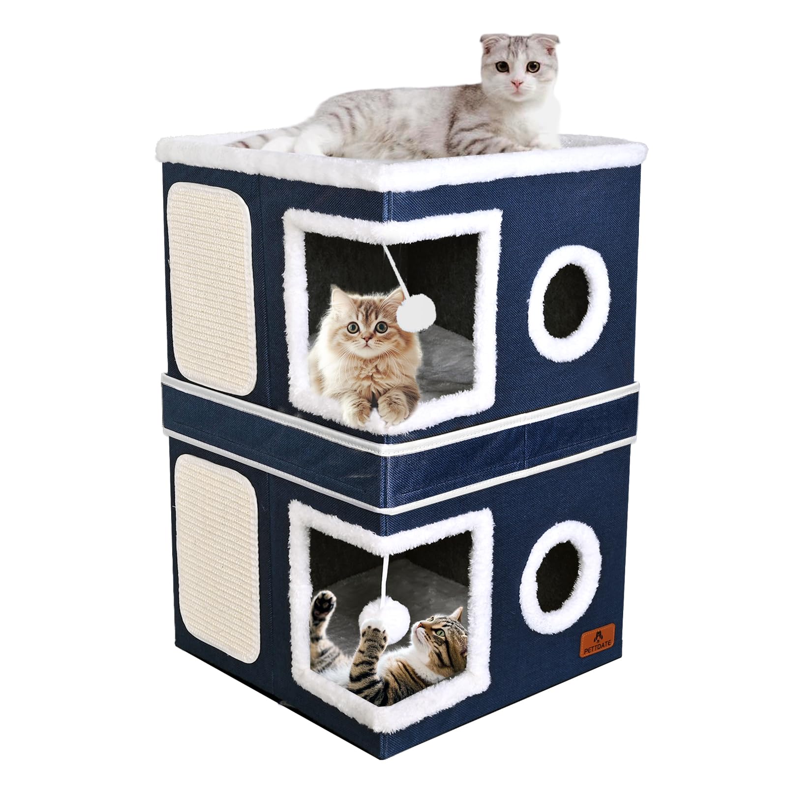 2-Story Cat House For Indoor Cats, Dual-Purpose Cat Cave Bed With Scratch Pad And Fluffy Ball, Foldable Cat Hideaway, Cute Cat C