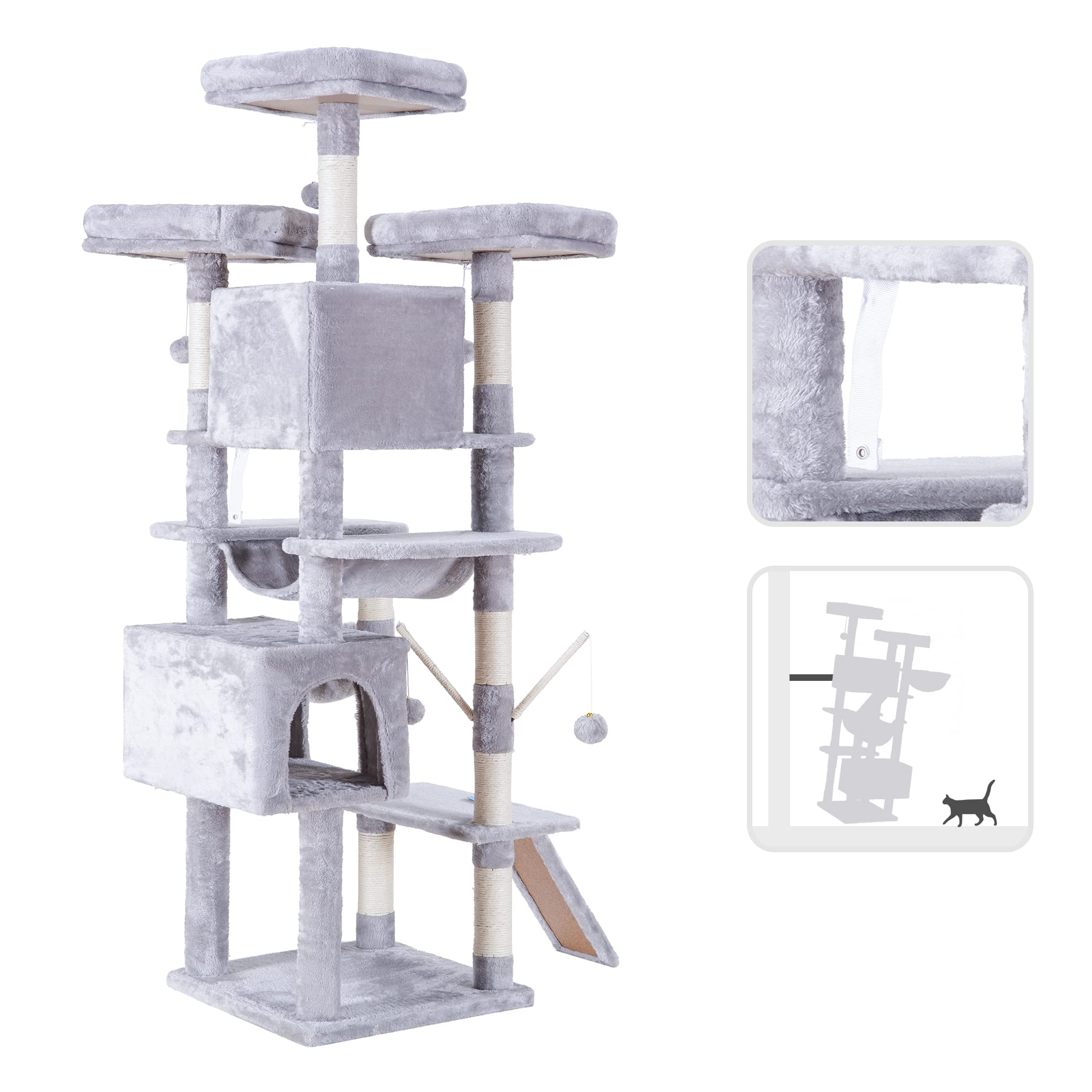 Hey-Brother Cat Tree, 71 Inches Xl Large Cat Tower For Indoor Cats, Multi-Level Cat House With 3 Padded Perches, Big Scratcher, Cozy Basket, 2 Cat Condos And Scratching Posts, Light Gray Mpj034W