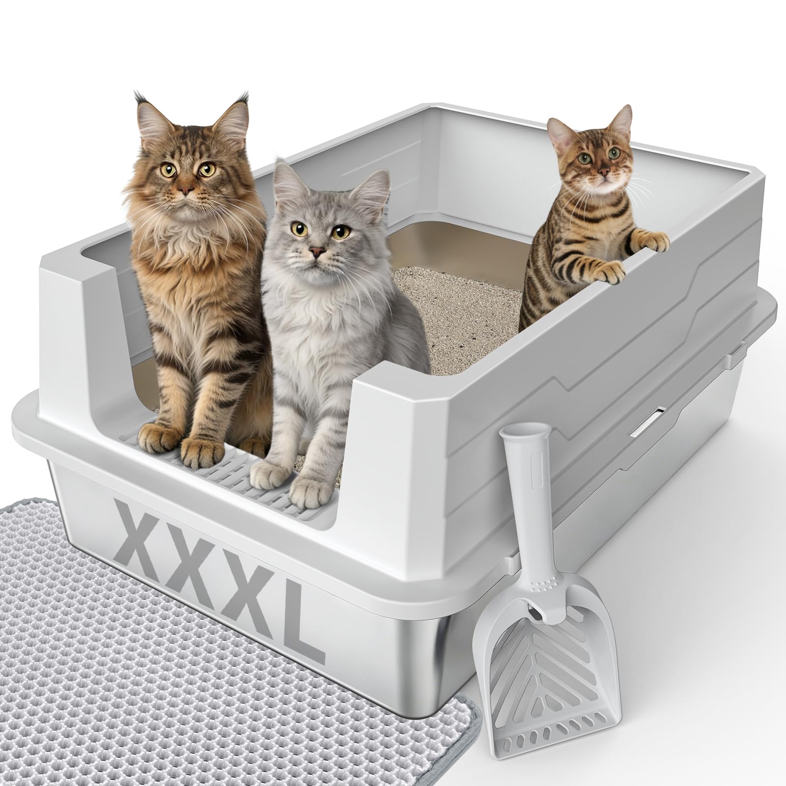 FURTIME XXXL Extra Large Stainless Steel Litter Box with Lid, Large Cat Litter Box for Big Cat, Large Metal Cat Box with High Si