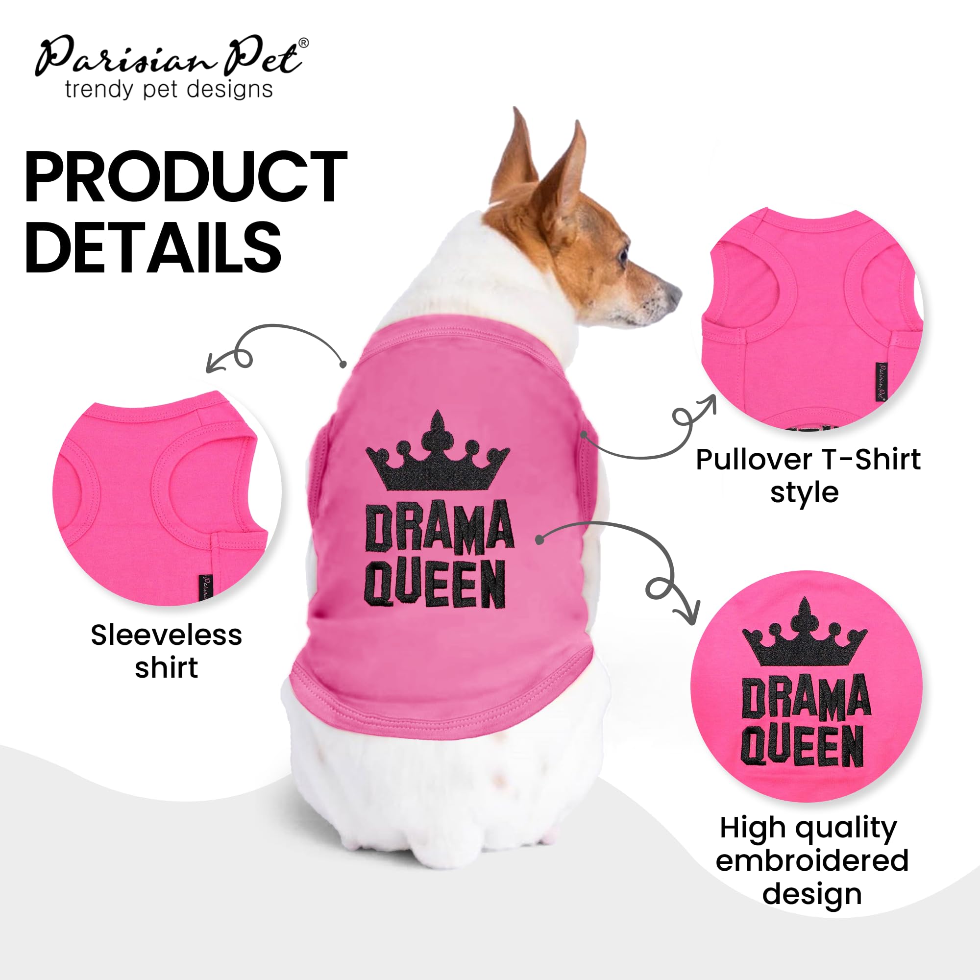 Parisian Pet Dog Tshirt - Embroidered “ Drama Queen “ Dog Shirt - Breathable And Lightweight Dog Clothes - Sleeveless Pink Dog Tee Shirts - Machine Washable Dog Shirts For Small Dogs Girl - Xxs