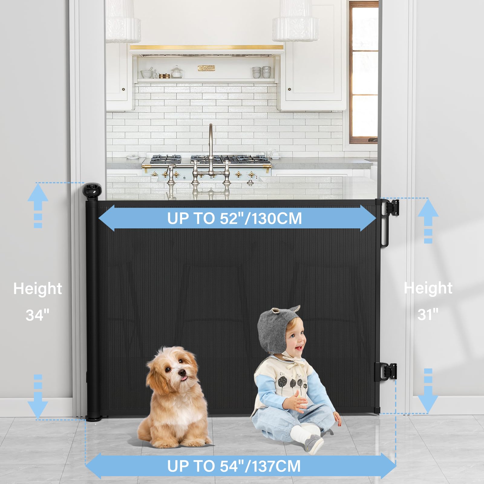 Retractable Baby Gates For Stairs, Probebi Retractable Dog Gate Indoor Extends To 54' Wide 34' Tall, Child Gates For Doorways, Stair Gate Use For Outdoor, Indoor, Hallways, Doorways, Deck, Porch