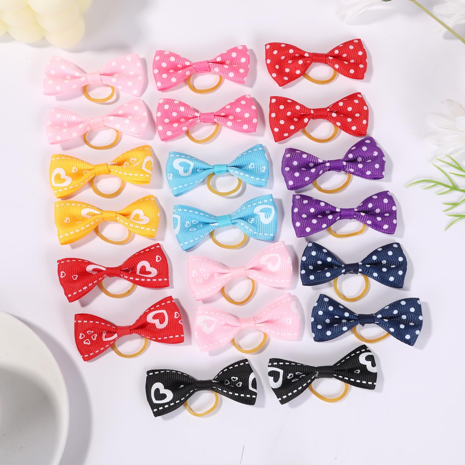 Clipband Puppy Dog Hair Bows, 60 Pieces Small Bowknot Hair Bows With Rubber Bands Handmade Hair Accessories Bow Pet Grooming Pro