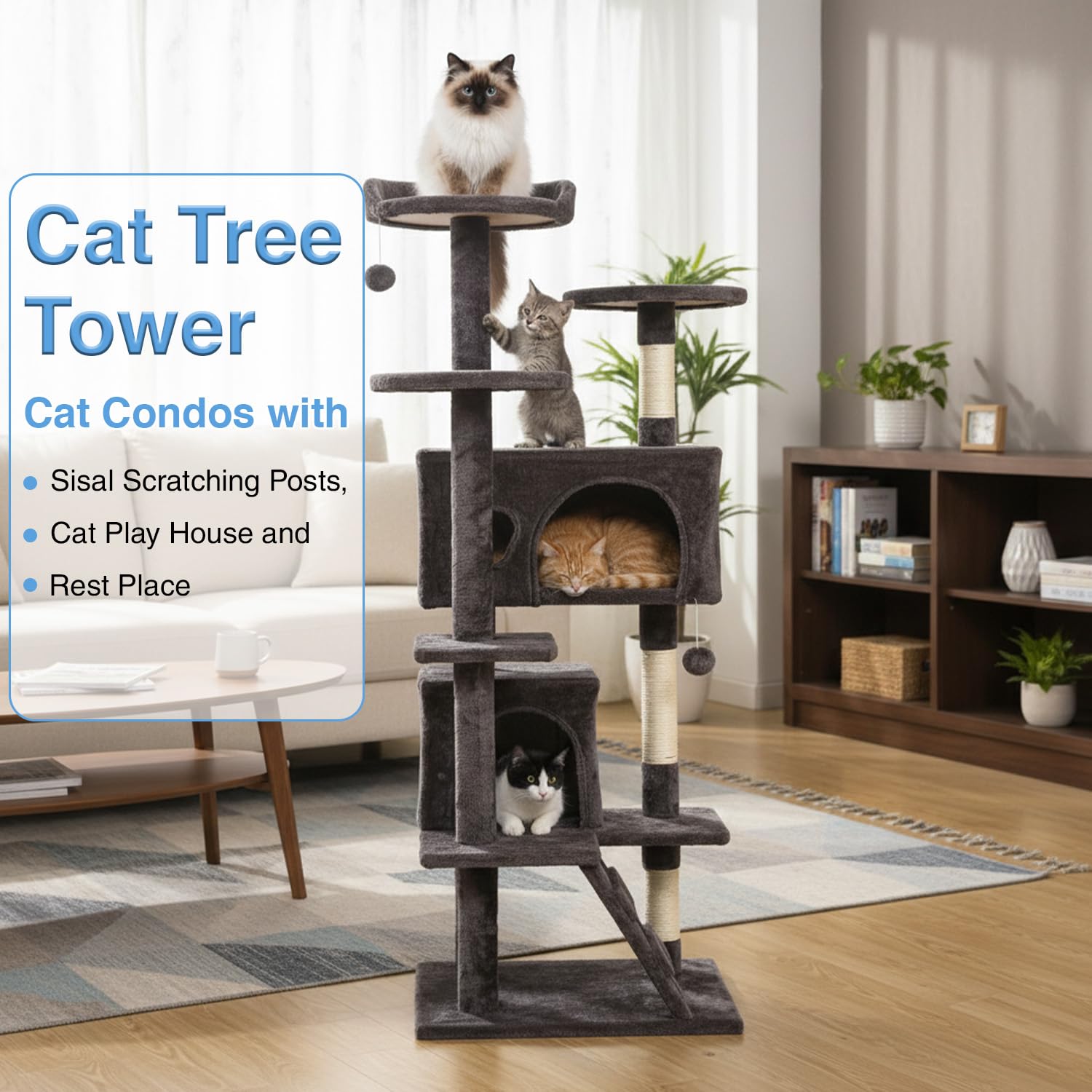 FDW | 54 Cat Tree Tower | Purple Gray | Multi-Level Indoor Activity Center with Sisal Scratching Posts, Condos, Plush Perches, H