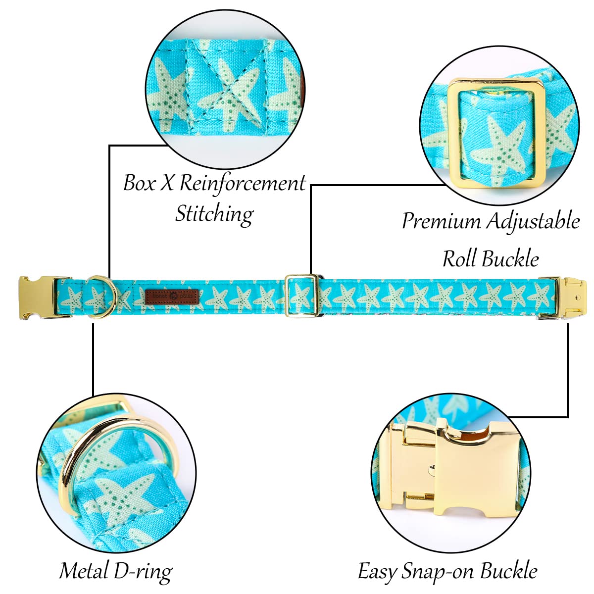 Lionet Paws Boy Dog Collar, Comfortable Adjustable Cute Yellow Starfish Collar With Metal Buckle For Male Dogs, Medium, Neck 13.