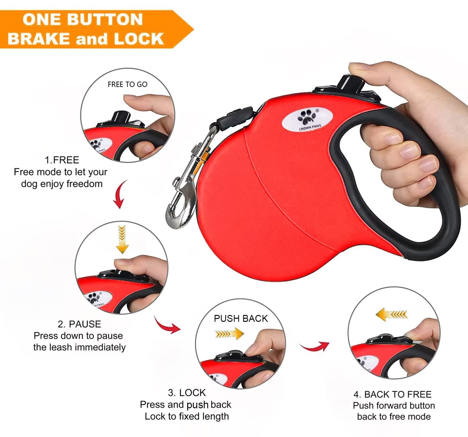 Crown Paws 13 Ft Retractable Dog Leash For Large Dogs Up To 26 Lbs,Tangle-Free Nylon Tape,Red Dan S