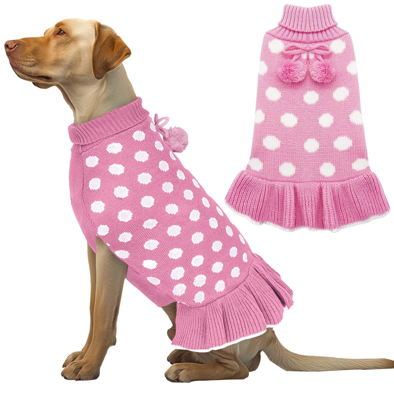 Kyeese Dog Sweater Dress Turtleneck Pink Dog Sweaters For Large Dogs Polka Dot Knit Pullover Warm Pet Clothes For Fall Winter