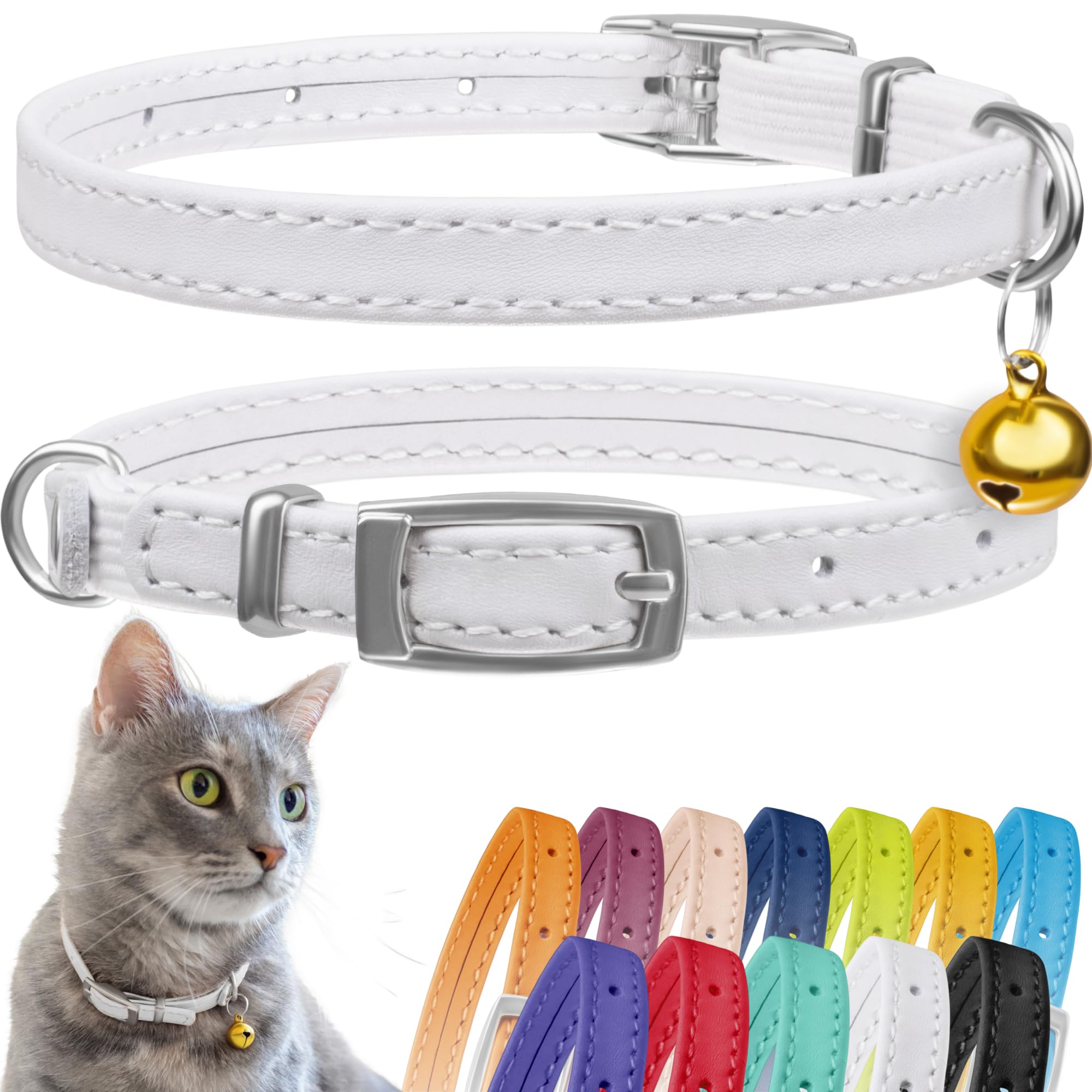 Collardirect Leather Cat Collar With Bell - Kitten Collar, Small And Big Cat Strap For Boy Cats, Girl Cats With Safety Elastic S