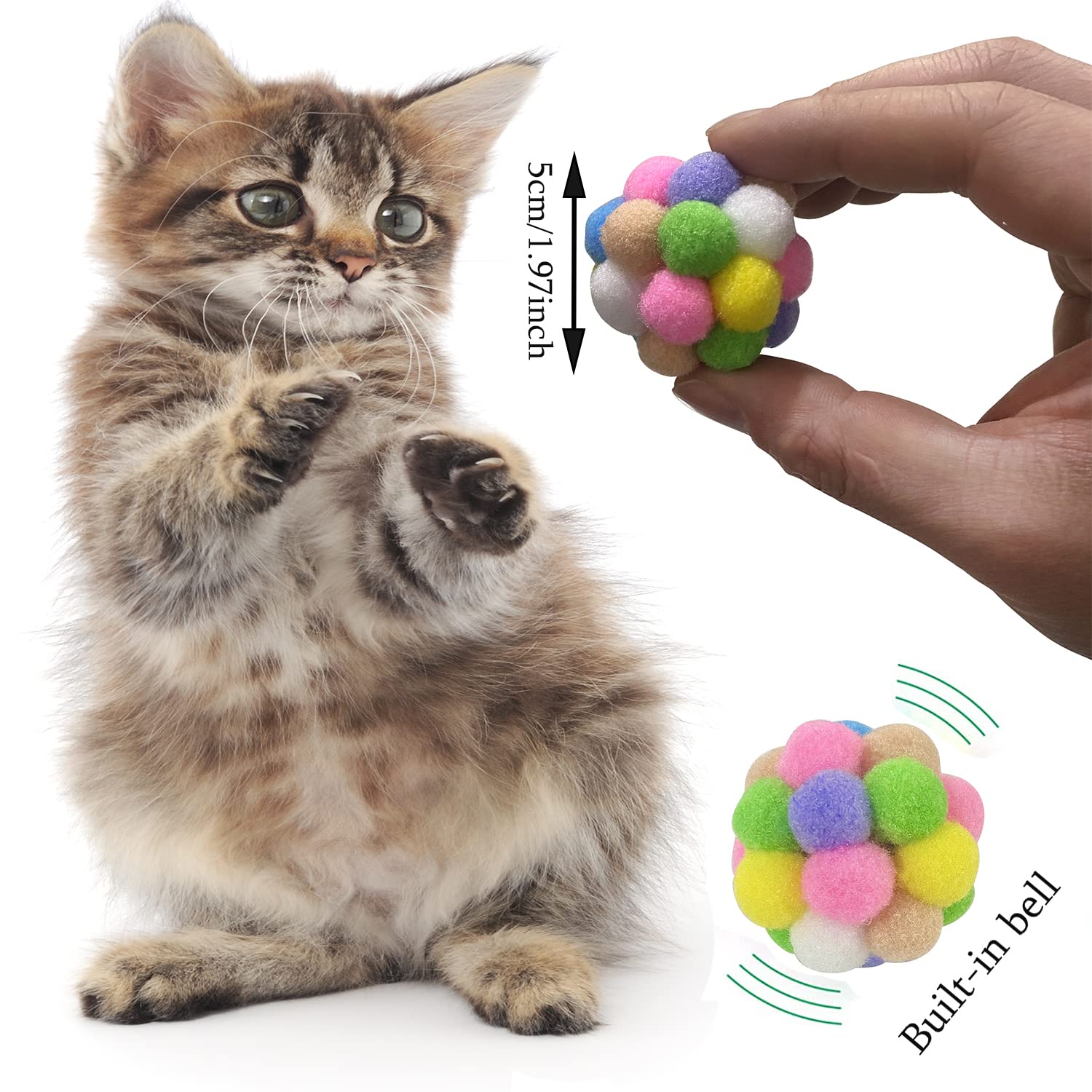 Aqsxo 2 Inches Cat Toy Balls With Bell, Colorful Soft Fuzzy Balls, Cat Toys For Indoor 12 Pieces.