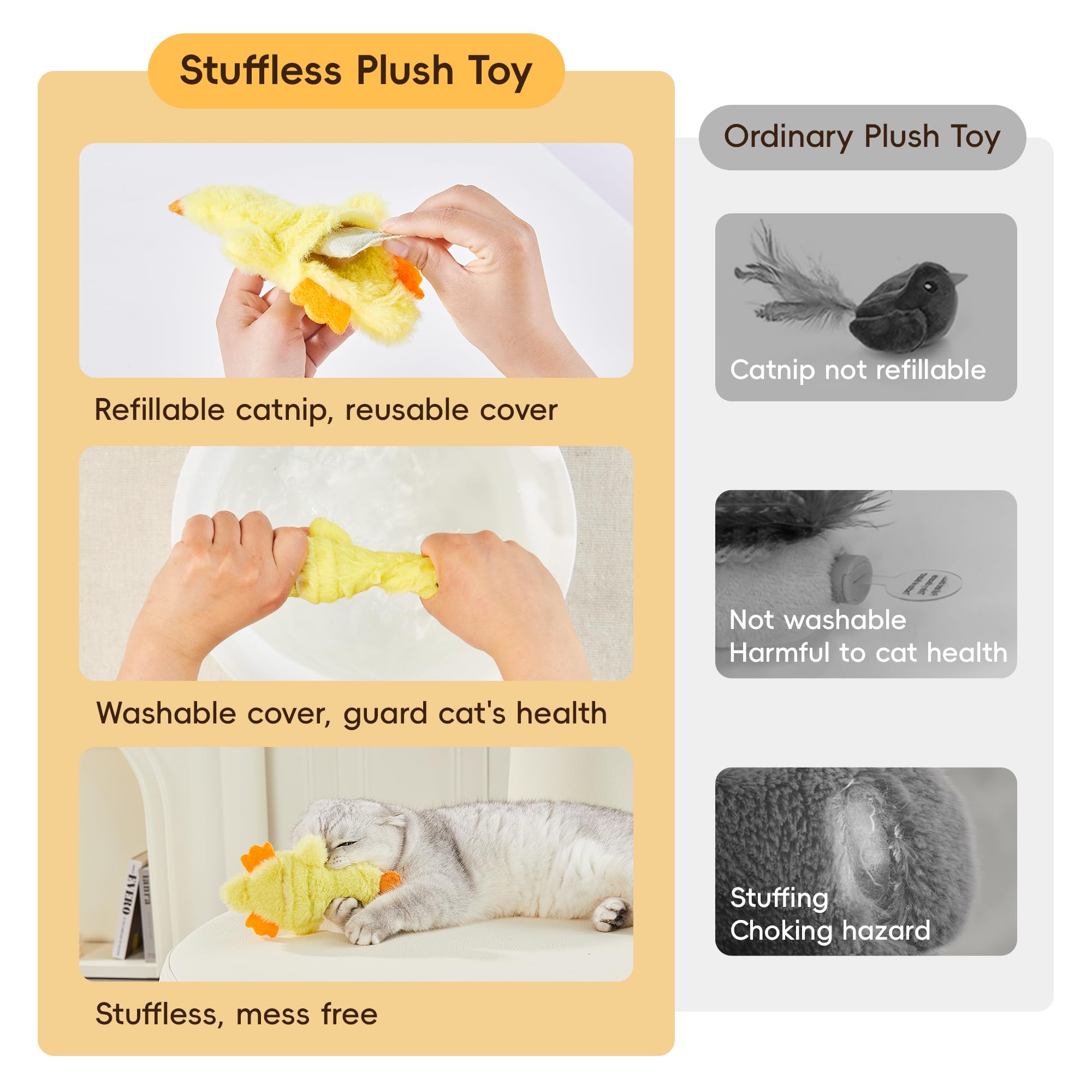 Potaroma Cat Toys Catnip Crinkly Sound 2 Pcs, Mess-Free Stuffless Kitten Toy, Durable Feline Bite Interactive Kicker Toys For Ca