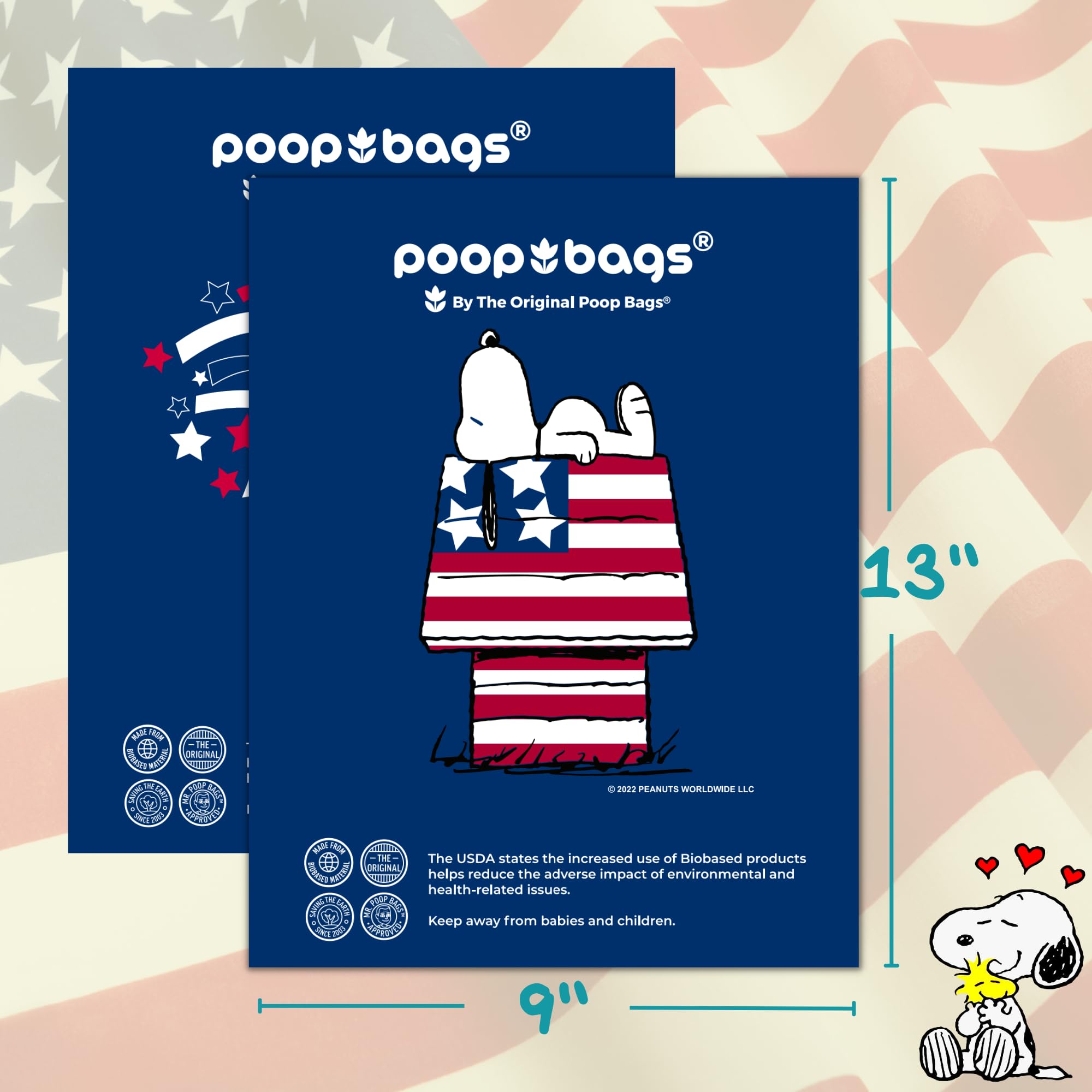 The Original Poop Bags Usda Certified 38% Plant-Based Dog Poop Bags, Peanuts Snoopy Americana Design, Leak-Proof & Strong, Unsce